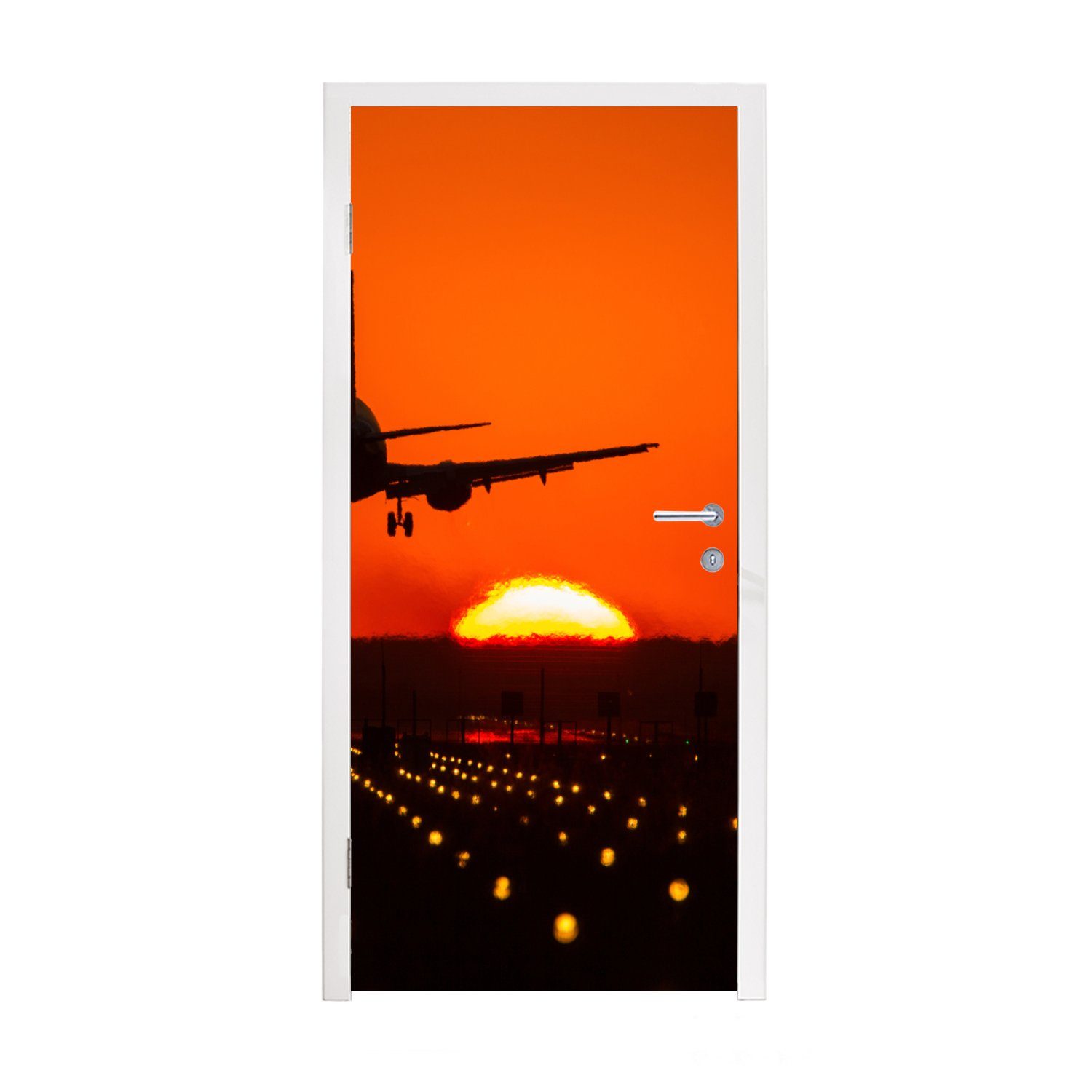 MuchoWow Türtapete Sonnenuntergang - Flugzeug - Orange - Sonne, Matt, bedruckt, (1 St), Fototapete für Tür, Türaufkleber, 75x205 cm