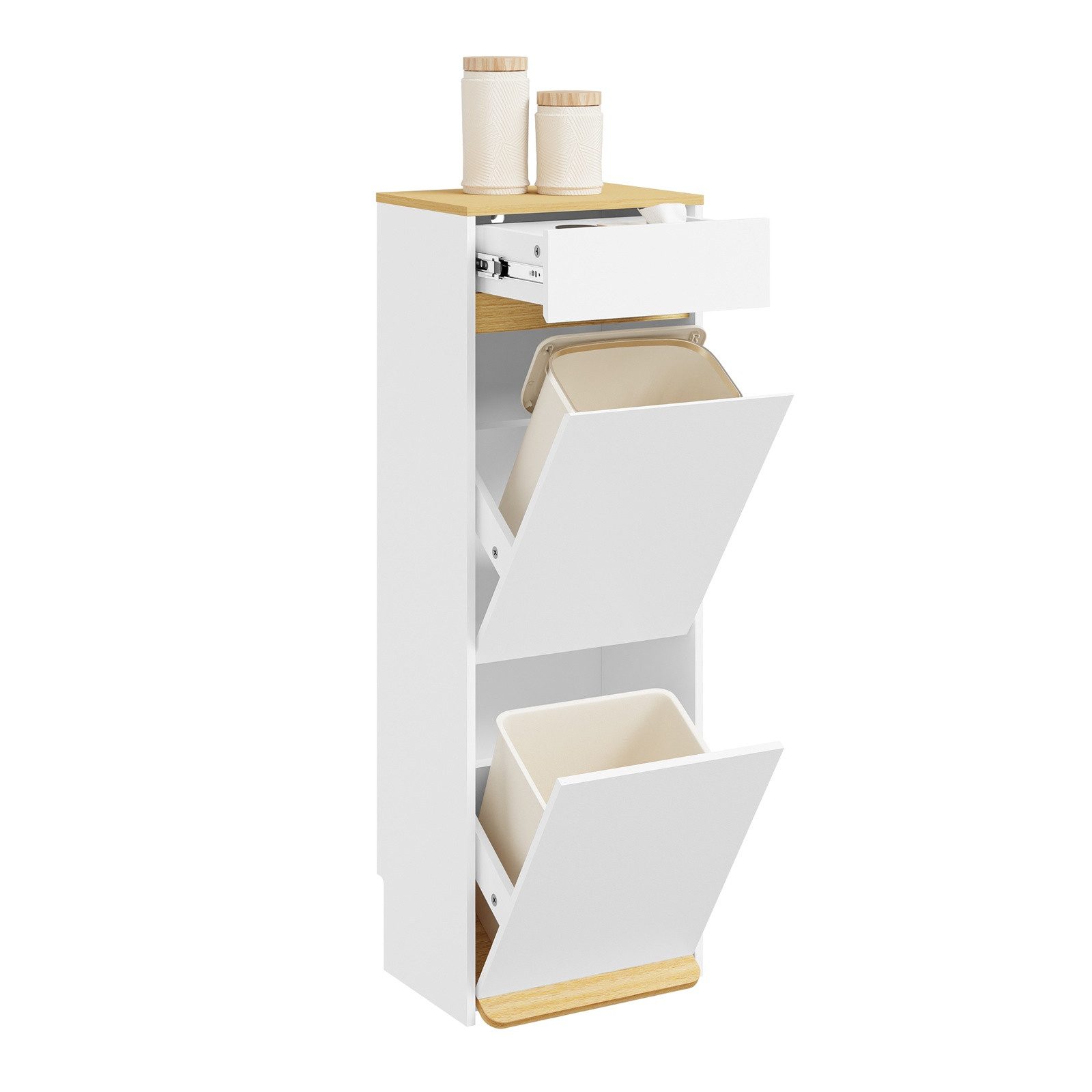 SoBuy Mülltrennsystem FSB112, Müllschrank, Müllschrank mit Fußpedal, 2 Fächer Trennsystem, Mülltrennsystem, mit Schublade, für verschiedene Eimer, Küche/Bad/Büro