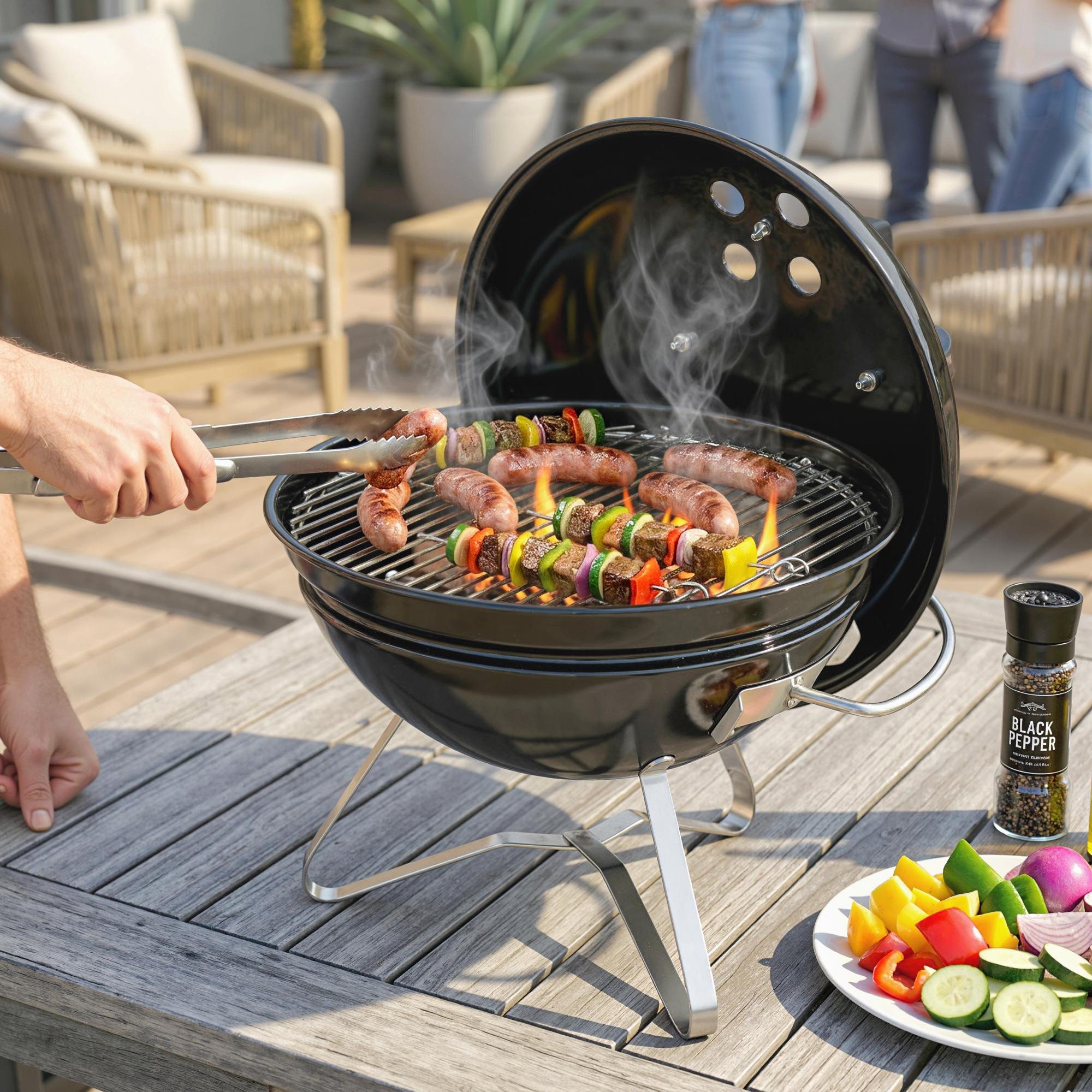 Outsunny Holzkohlegrill BBQ Smoker mit Deckel Griff mit verstellbaren Lüftungsschlitzen, Tragbarer Kugelgrill, Kohlegrill, für Barbeque Camping, Terrasse, Garten 41 x 41 x 44 cm Schwarz