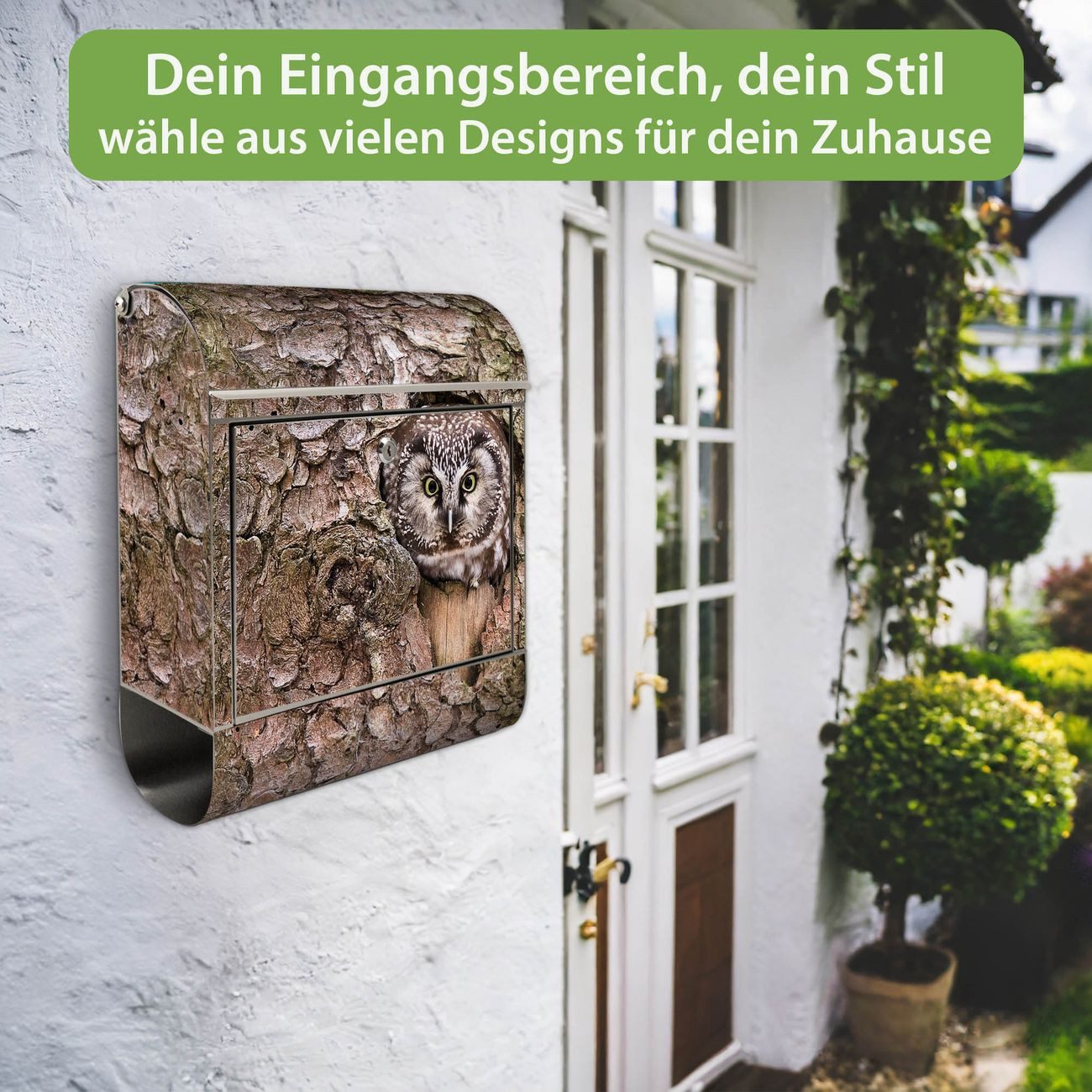 banjado Wandbriefkasten Edelstahl mit Motiv Eule (Wandbriefkasten groß, mit Zeitungsfach), 38 x 42,5 x12 cm