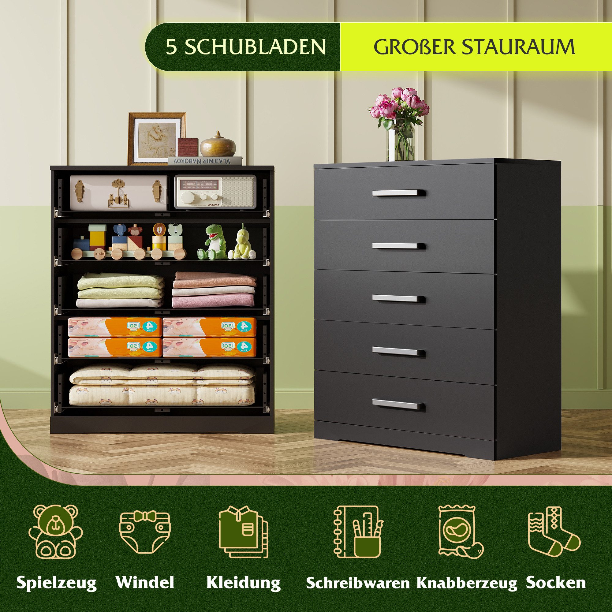 WLIVE Kommode mit 4/5 Schubladen, Moderne Schubladenkommode (Packung, Modernes Sideboard mit 5 Schubladen und 4 Fächern, Breite 75 cm), Vielseitiger Schubladenschrank für Schlafzimmer, Flur & Kinderzimmer