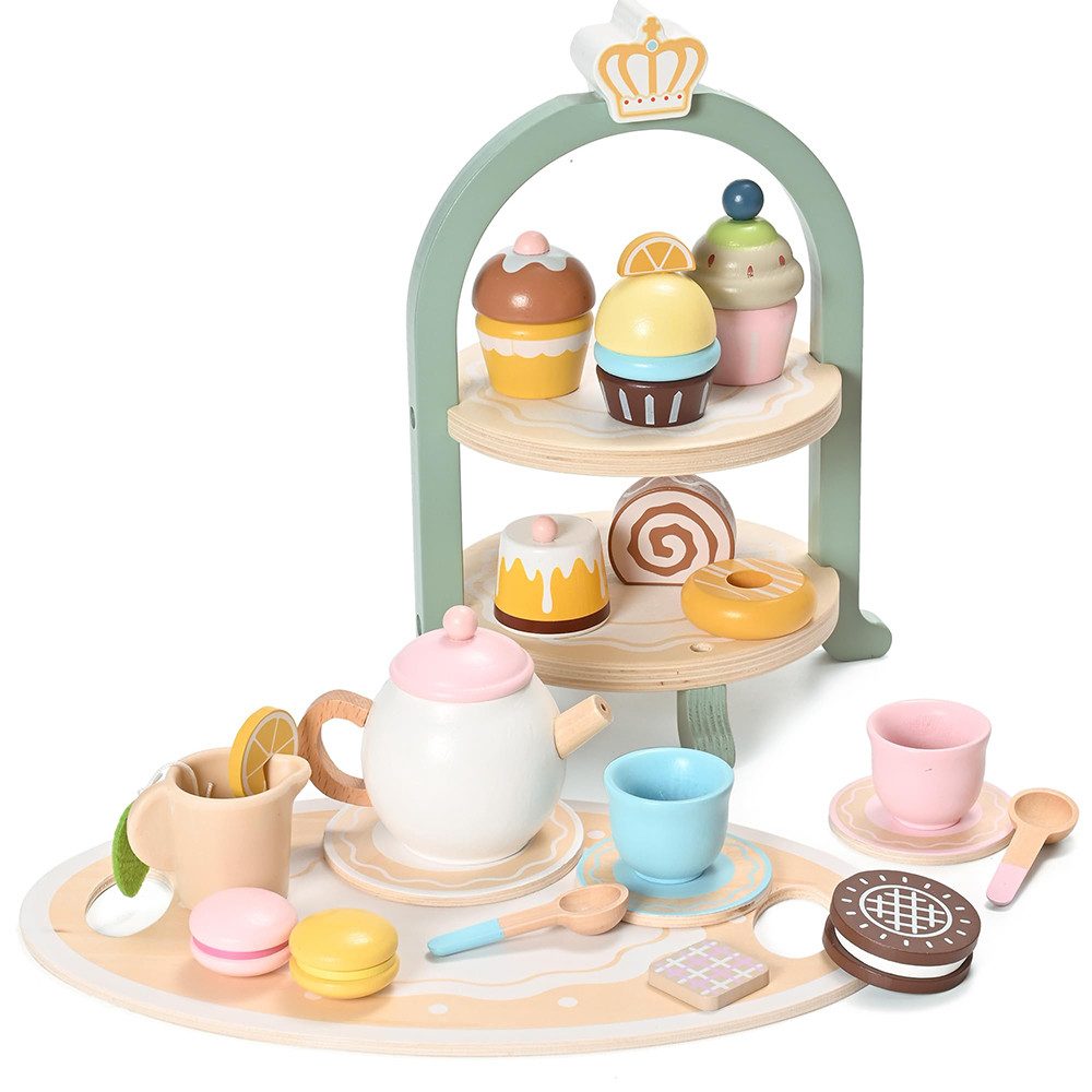 CLTYQ Spielgeschirr Holz Tee-Set für Kinder,Rollenspiel,Holzspielzeug Küchenzubehör, (23-tlg), Teeparty,mit Cupcake-Halter und Tablett, Geschenk für Kinder
