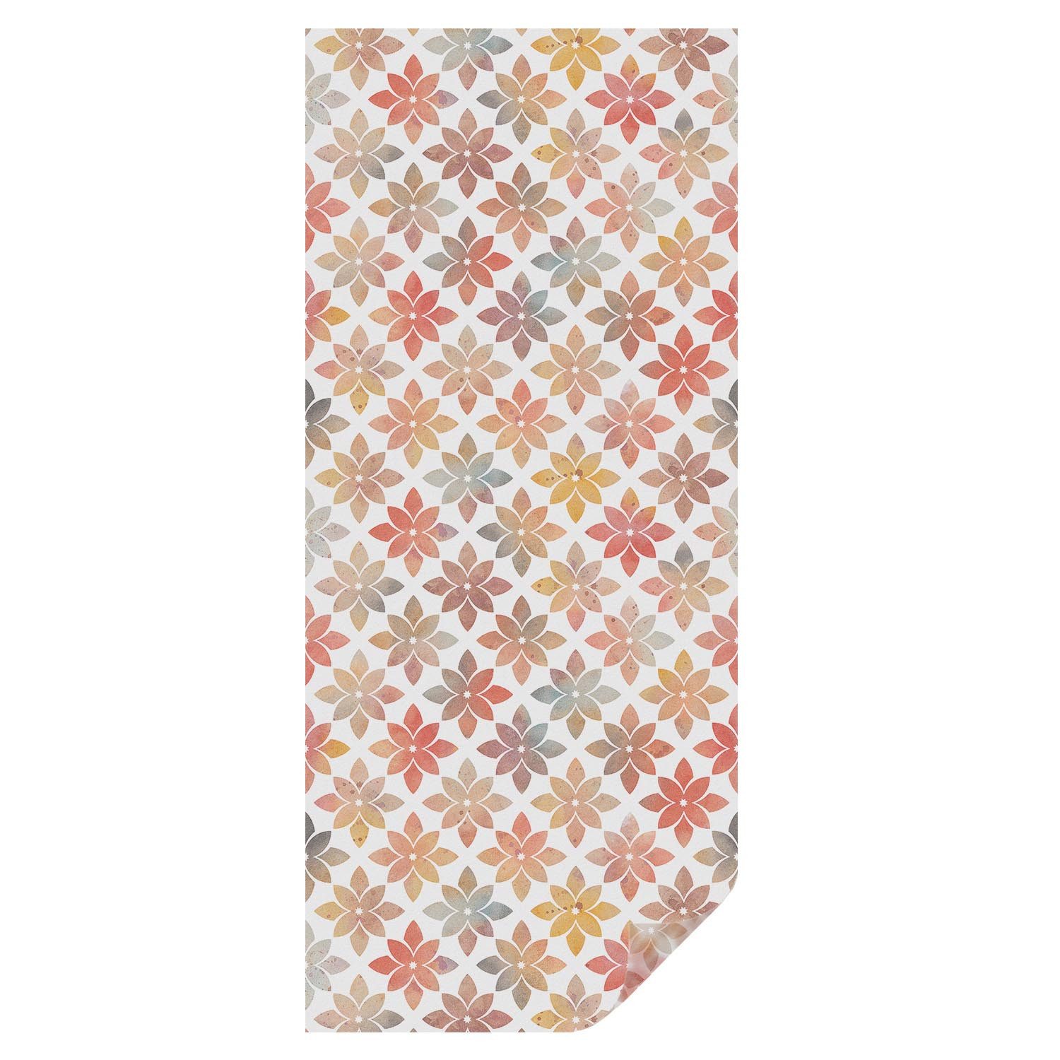 Tulup Fensterbild Buntglasfolie Fenster Blickdicht, Fensterfolie Sichtschutz, Bunte Blumen auf Weißem Hintergrund - Rot, Orange, Braun