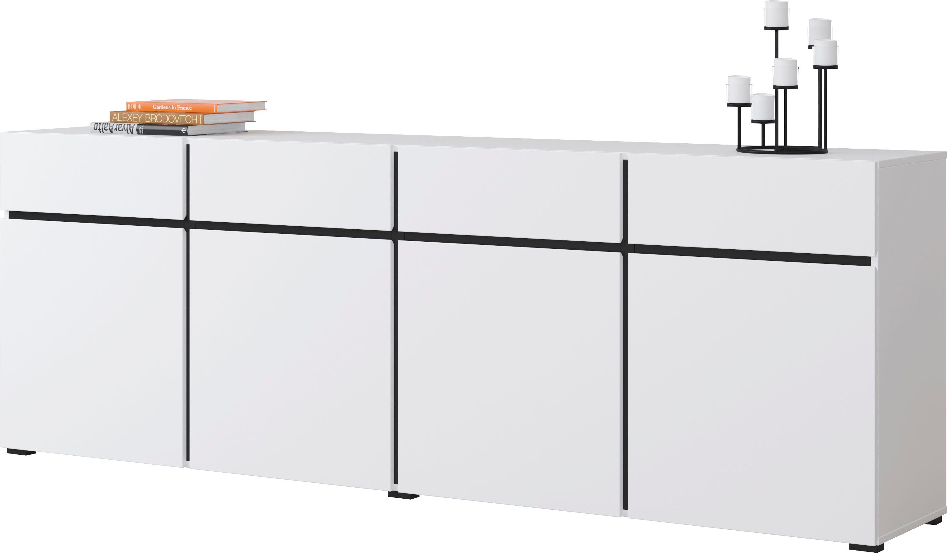 OTTO home Sideboard Cross,Breite 225 cm, moderne grifflose Kommode,4 Türen/4 Schubkästen, Schubladenschrank mit viel Stauraum, Einlegeböden verstellbar