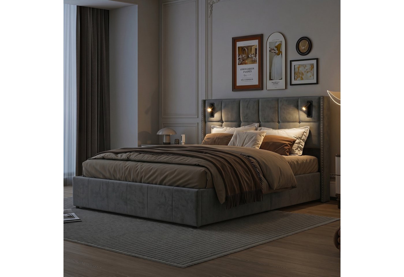 PXloue Stauraumbett Polsterbett Doppelbett, mit bettkasten und Lattenrost,Samtstoff,Leselicht,160x200 cm