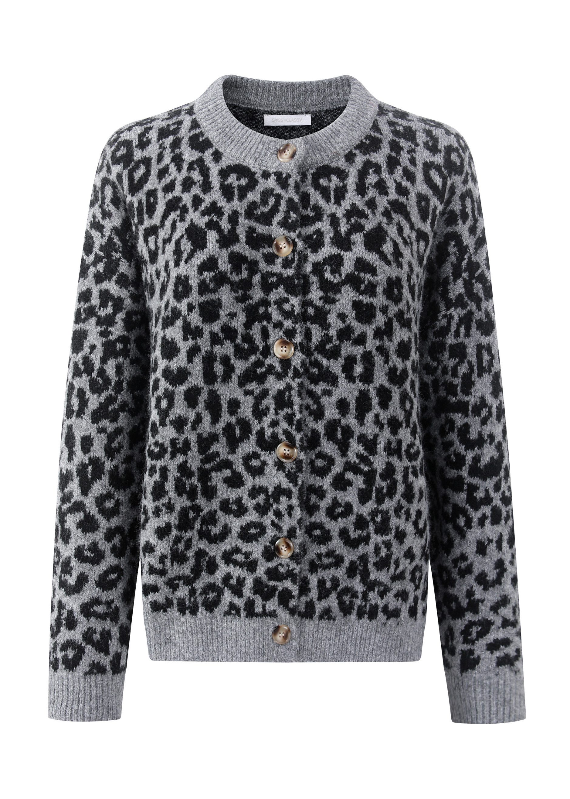 SASSYCLASSY Cardigan Oversize Strickjacke Damen mit Leo-Muster Cardigan mit Wollanteil mit Leopardenmuster Grau Schwarz Beige Braun