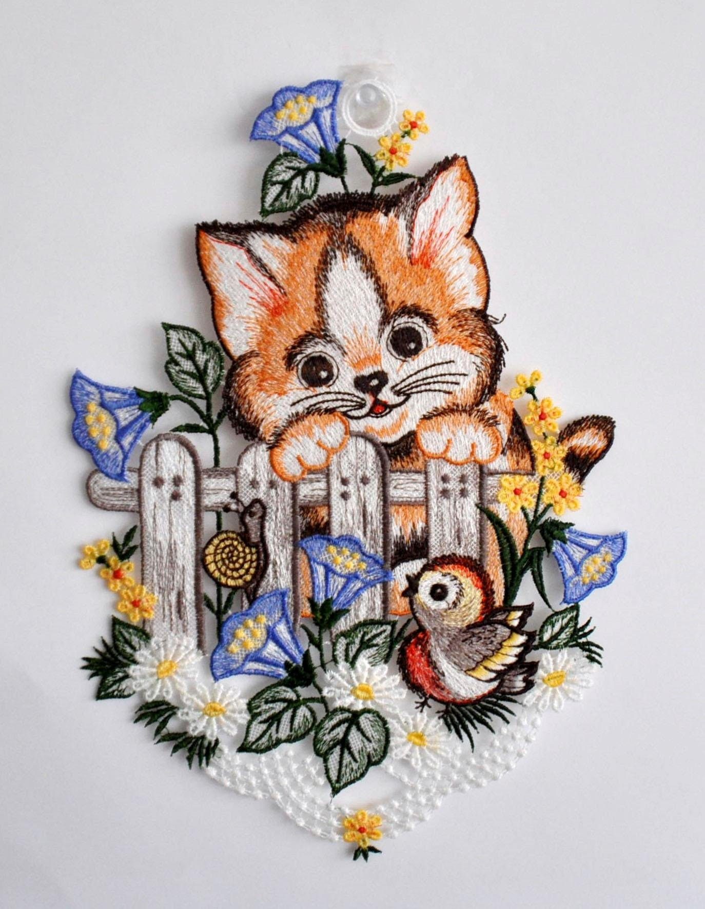 Stickereien Plauen Fensterbild Katze am Zaun günstig online kaufen