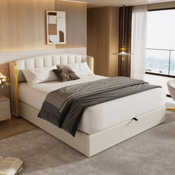 REDOM Polsterbett Hydraulisches Bett (140*200cm), mit goldgerandetes Ohrendesign, Bettkasten, Lattenrost und Kopfteil
