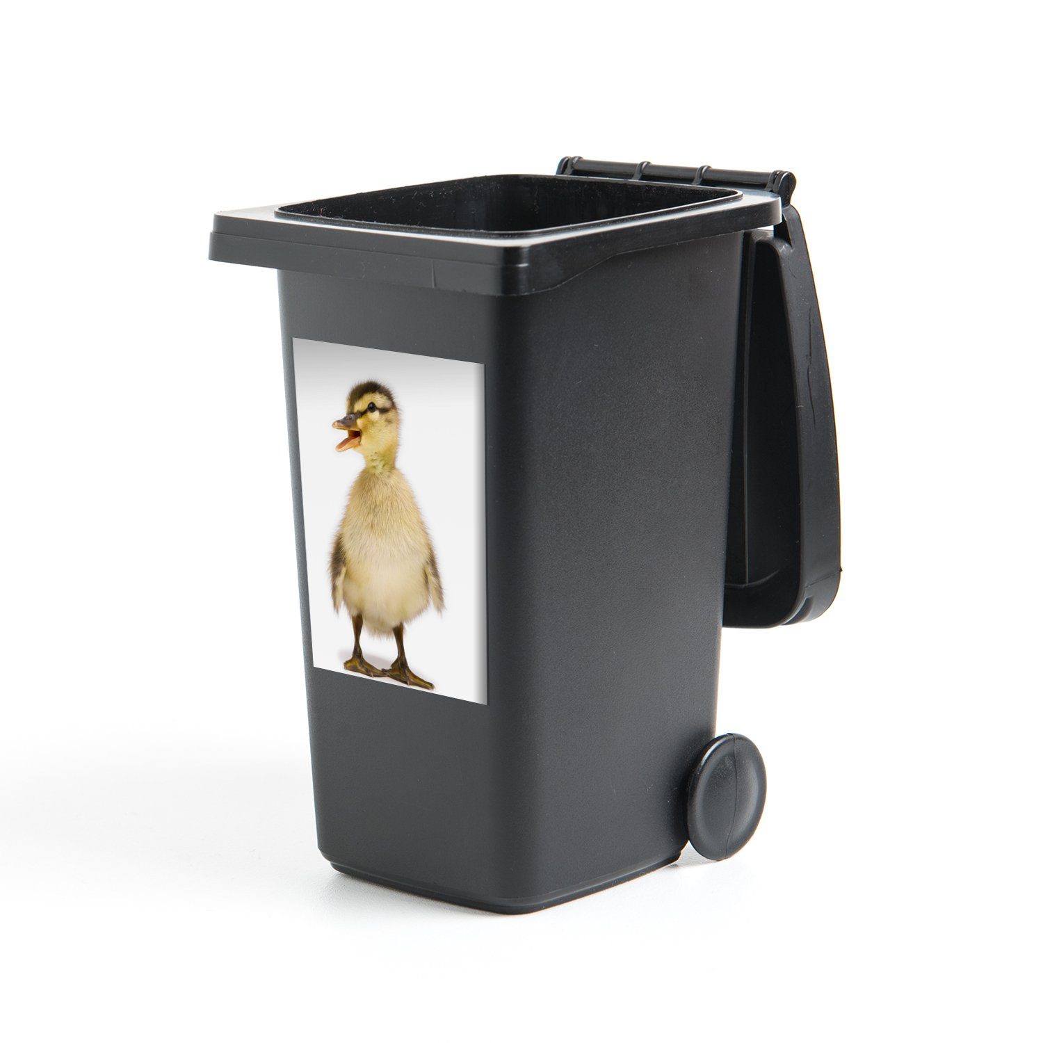Abfalbehälter Baby-Ente schaut MuchoWow Sticker, Container, (1 Mülleimer-aufkleber, St), weg Mülltonne, Wandsticker