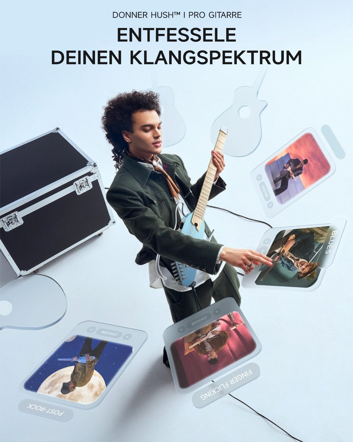 Donner Akustikgitarre HUSH I PRO Reisegitarre Effekte Smart E-Gitarre Set mit Kopfhörer, Matt Federleichte kopflose Gitarre, Kopfhörer, Gigbag, Gurt, Ladekabel, Ideal für Reisen und zum Üben