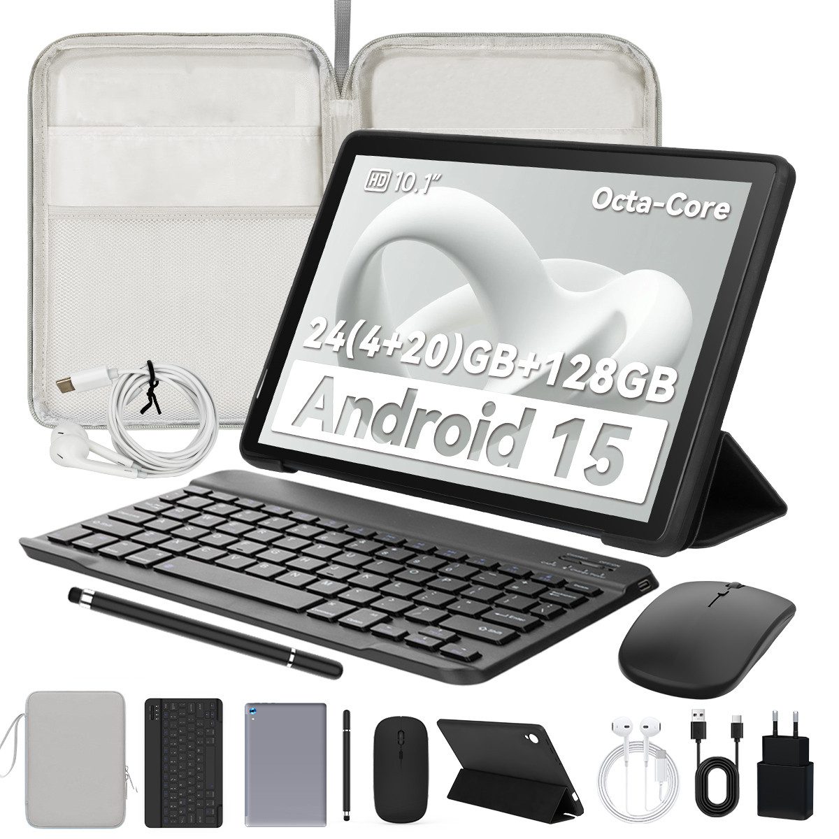 BUFO 10 Zoll Android 15, 4GB RAM 128 GB, mit Tastatur Maus Stift hülle Tablet (10", 128 GB, Android 15, mit AF und Blitz, zwei 1W-Lautsprecher + zwei Mikrofone)