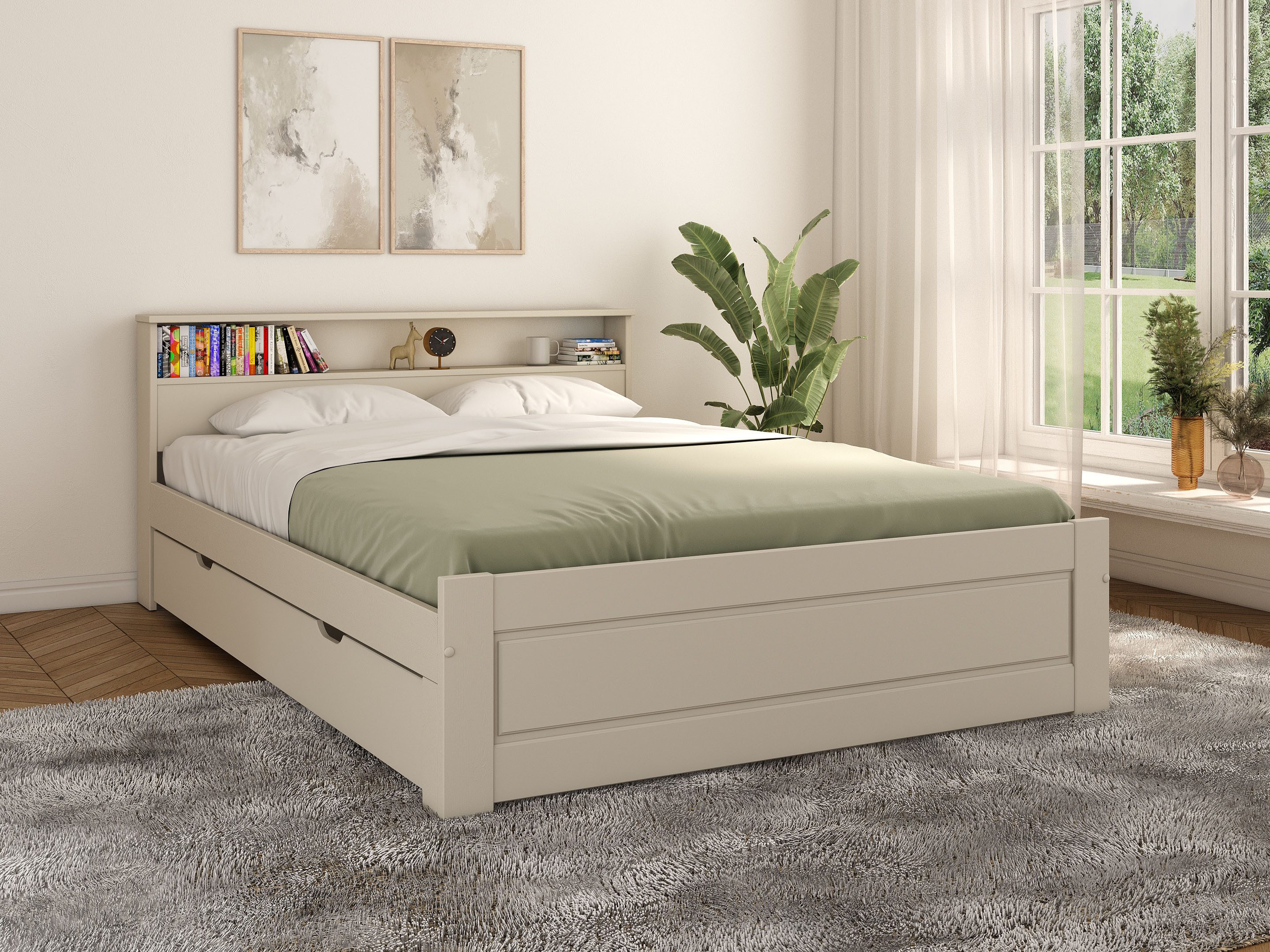 OTTO home Massivholzbett FLAVION, Jugendbett, Stauraum, FSC® zertifizierte Kiefer (Breite: 90, 140, 180), Qualitätsprodukt, Regal, Kassettenoptik, Schublade optional