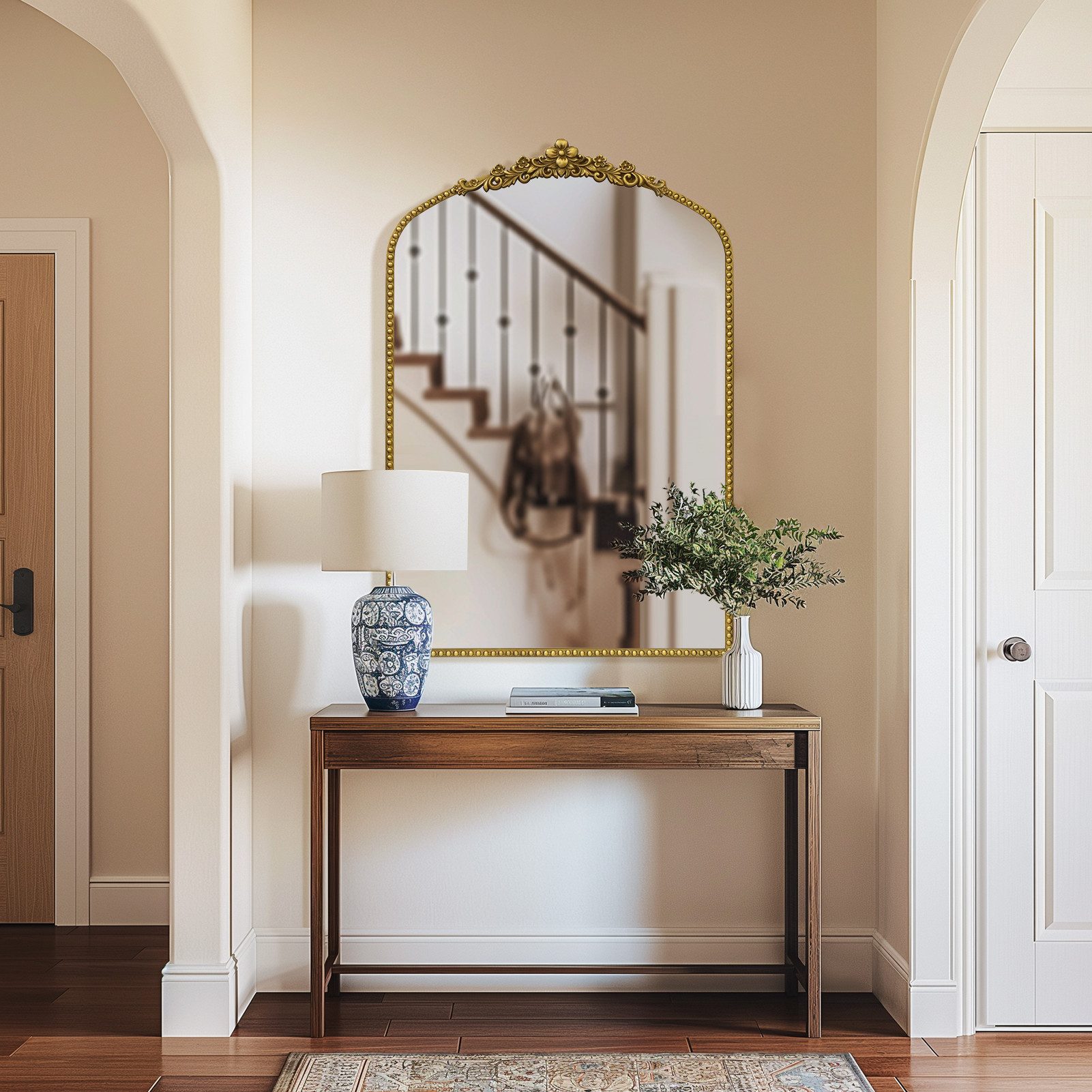 G-LEAF Spiegel Bogen-Wandspiegel im Barockstil, Metallrahmen mit Perlenverz günstig online kaufen