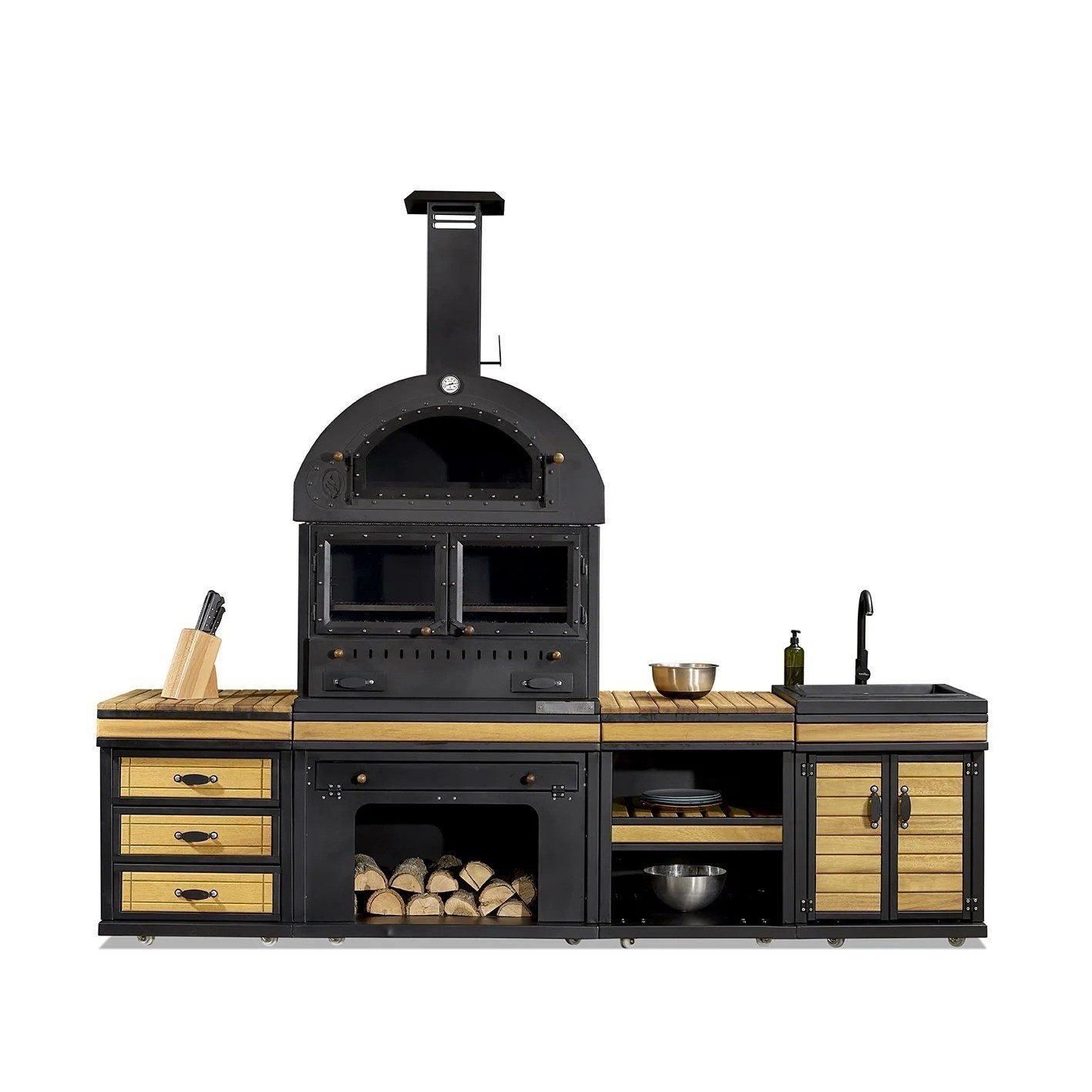 JVmoebel Outdoor-Küche Schwarze Außenküche aus Holz und Edelstahl für den Garten, Made in Europe