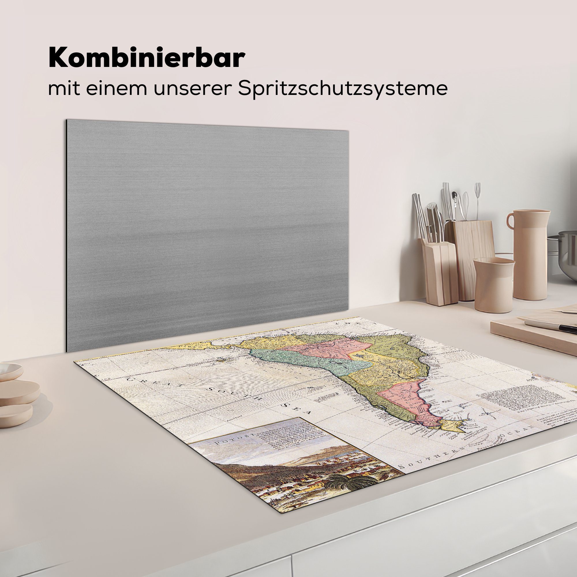 küche 78x78 Vinyl, Antike, für MuchoWow - Karte cm, Südamerika tlg), Kontinent - Herdblende-/Abdeckplatte Ceranfeldabdeckung, (1 Arbeitsplatte -