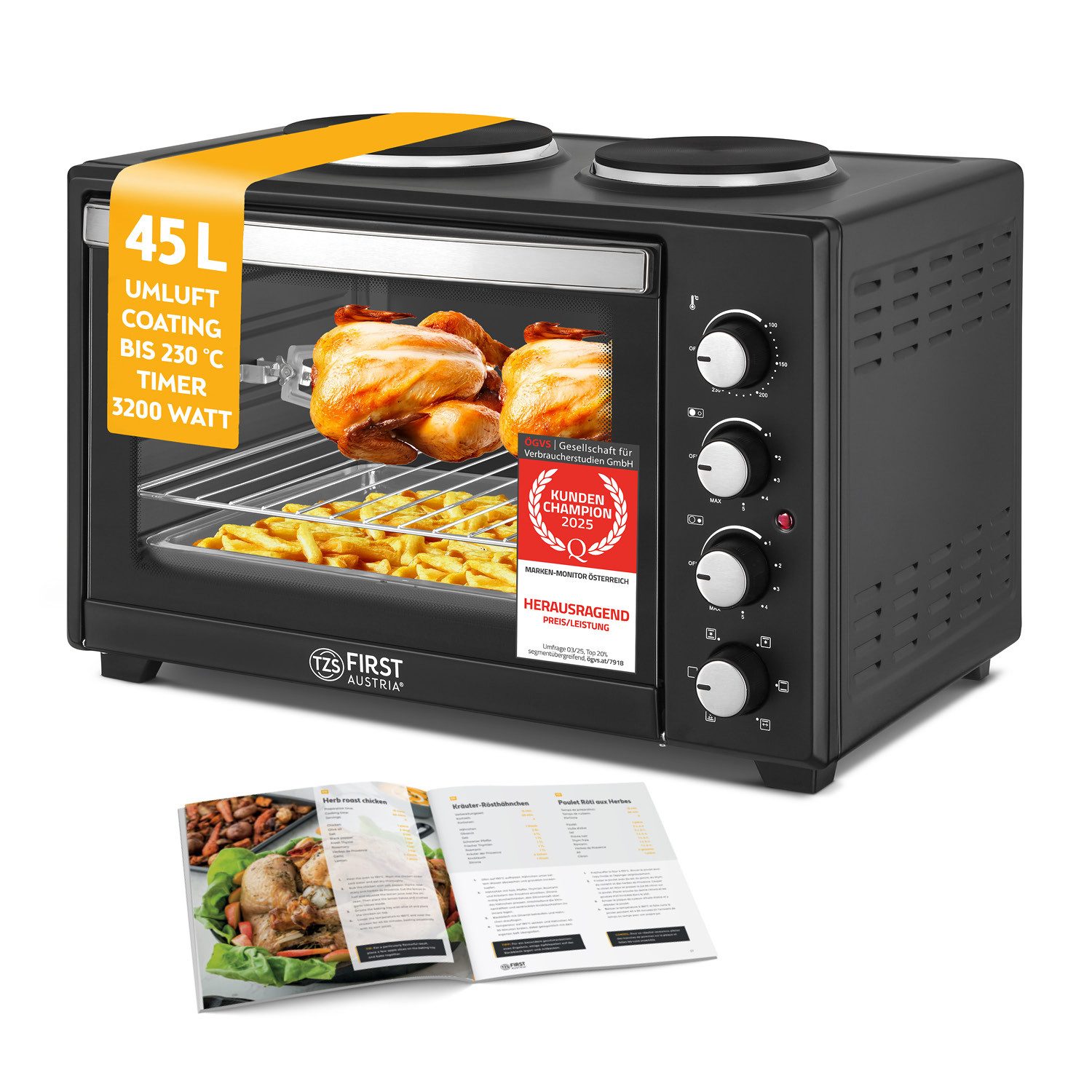 TZS FIRST AUSTRIA Minibackofen mit Kochplatten, 45L, Premium-X Coating,3200 Watt Umluft, Pizzaofen, max 230°C, Backblech, Drehspieß, Grillrost, Innenbeleuchtung