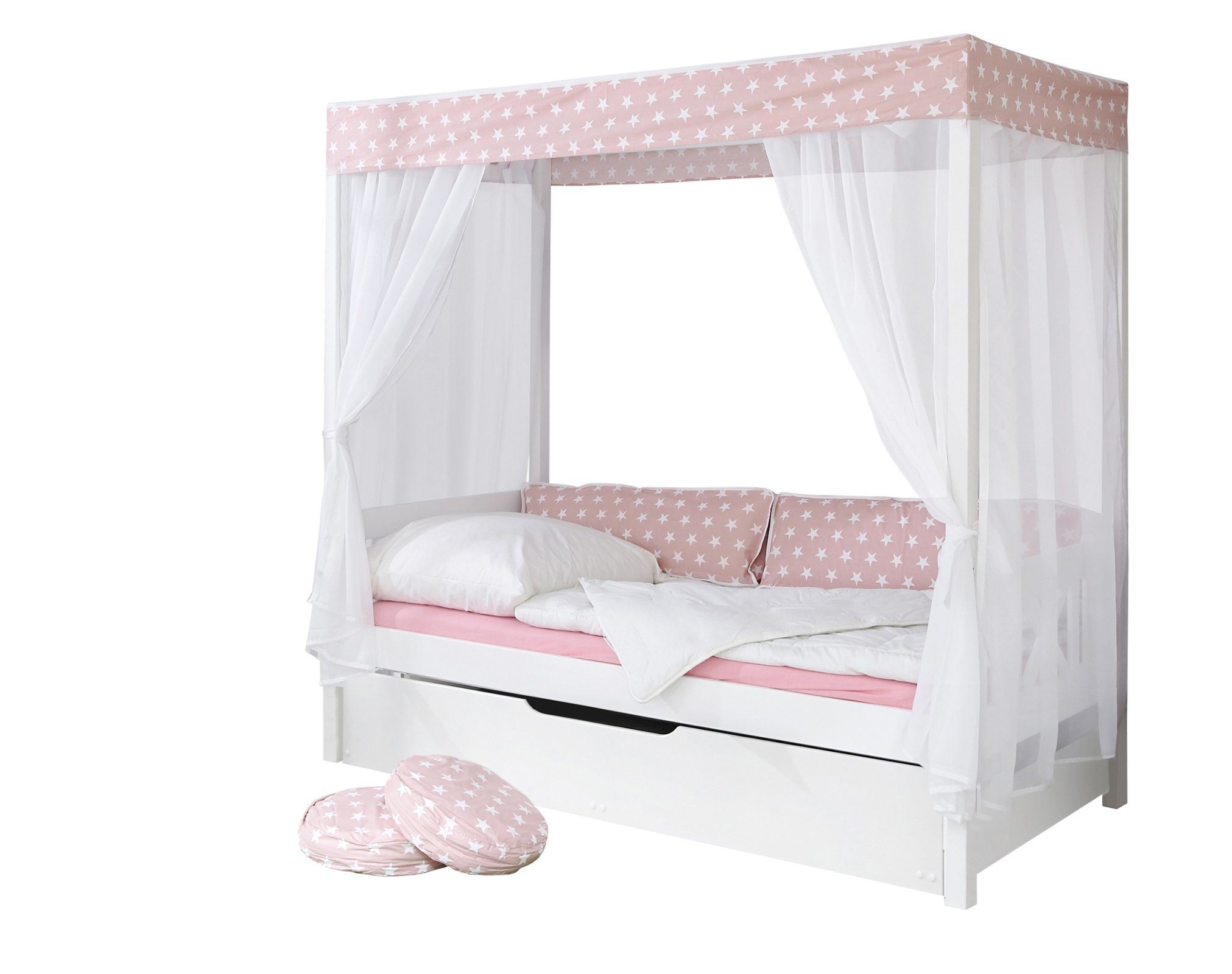 Ticaa Himmelbett Himmelbett "Rosa" 310 Kiefer Weiß (Rosa/Weiß, Oberer Teil abnehmbar und als Einzelbett stellbar