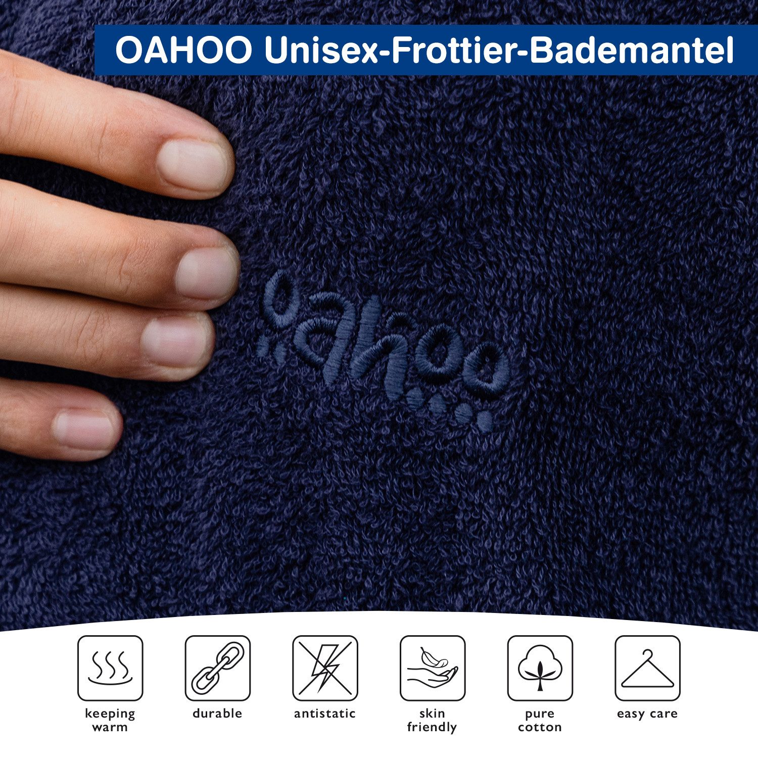 OAHOO Bademantel Unisex Frottee Bademantel mit Kapuze 100% Baumwolle, Extra-Lang