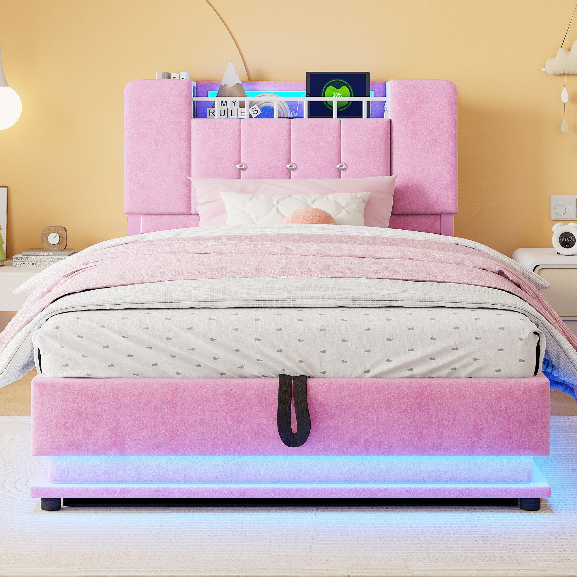 Merax Polsterbett mit LED-Beleuchtung und USB-Anschluss (Metalllattenrahmen & Samtbezug, 1-tlg., Kinderbett Einzelbett Mehrzweckbett Stauraumbett), Jugendbett 90×200cm mit hydraulischem Stauraum & Kopfteilfach, Samt