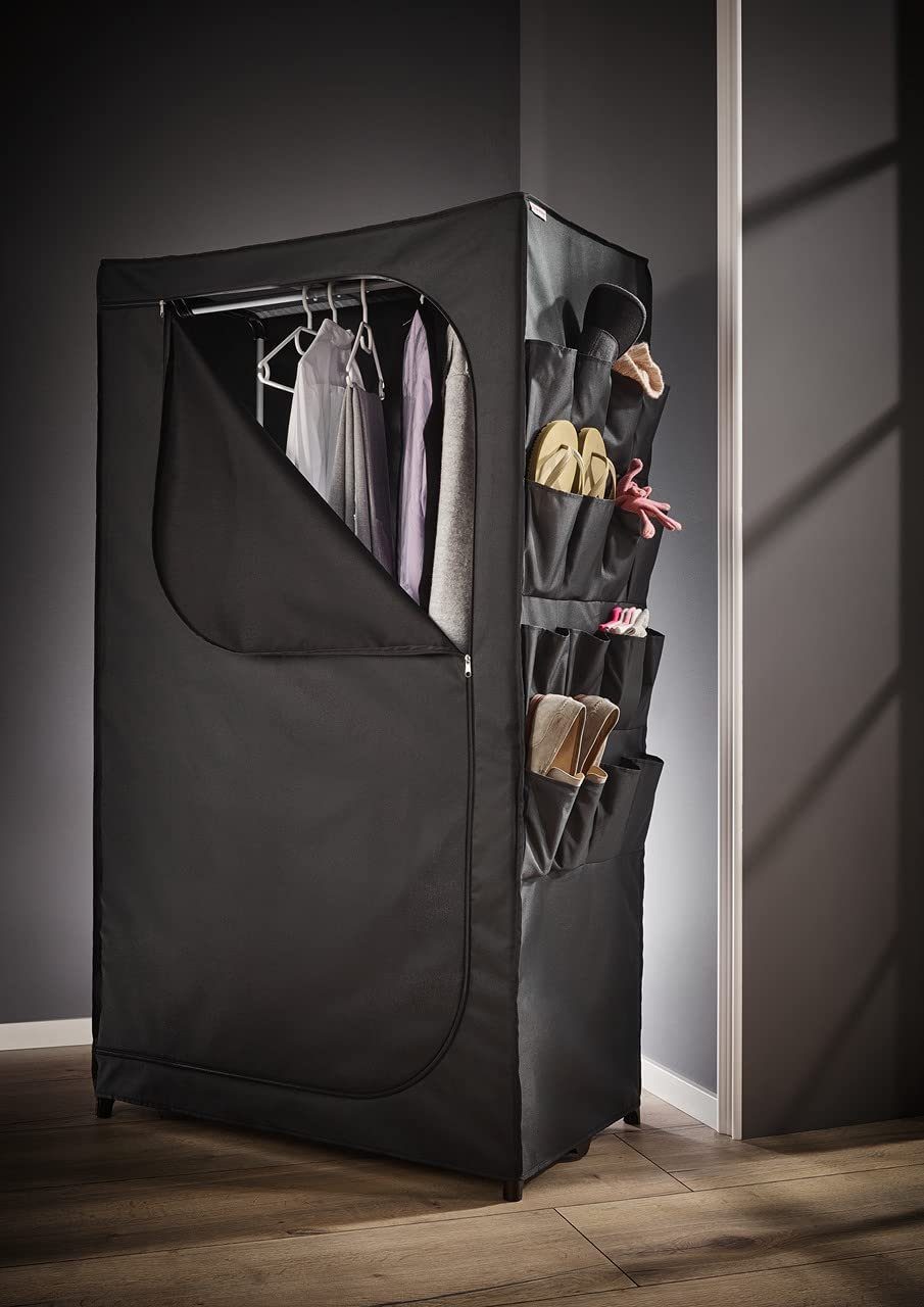 Kleiderschrank mobiler stabiler zur Schuhe, Staub abwaschbar 1-St) mit vor 16 Außentaschen für von Organizer Aufbwahrung Leifheit Schrank Kleiderschrank (Regalsystem - Kleidung, schützt Stoff - schwarz