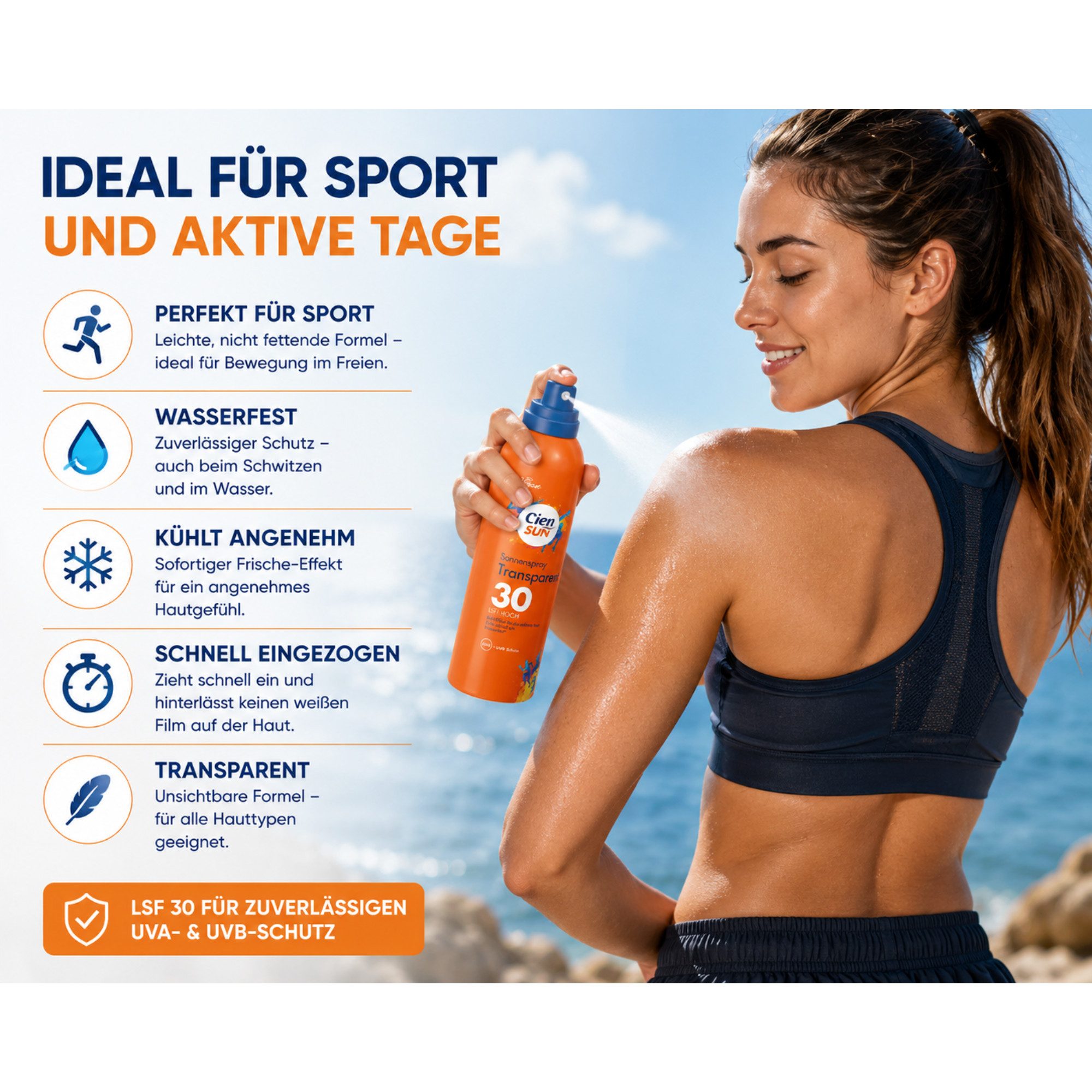 Cien Sonnenschutzspray Transparentes Sonnenspray LSF 30 5 × 200 ml Vorratspack, Spar-Set, 5-tlg., Transparent, schnell einziehend, wasserfest, Kühl-Effekt
