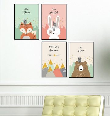 Pippolipo Poster, (4er Set), Bilder Babyzimmer Kinderzimmer Deko Wohnzimmer A4 Kinderposter Kinderbilder Tiere Tiermotive Waldtiere für Kinder Junge Mädchen, Modell A4P20