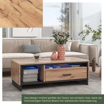 Gotagee Couchtisch Couchtisch Kaffeetisch mit LED Beistelltisch Holzoptik mit Schublade