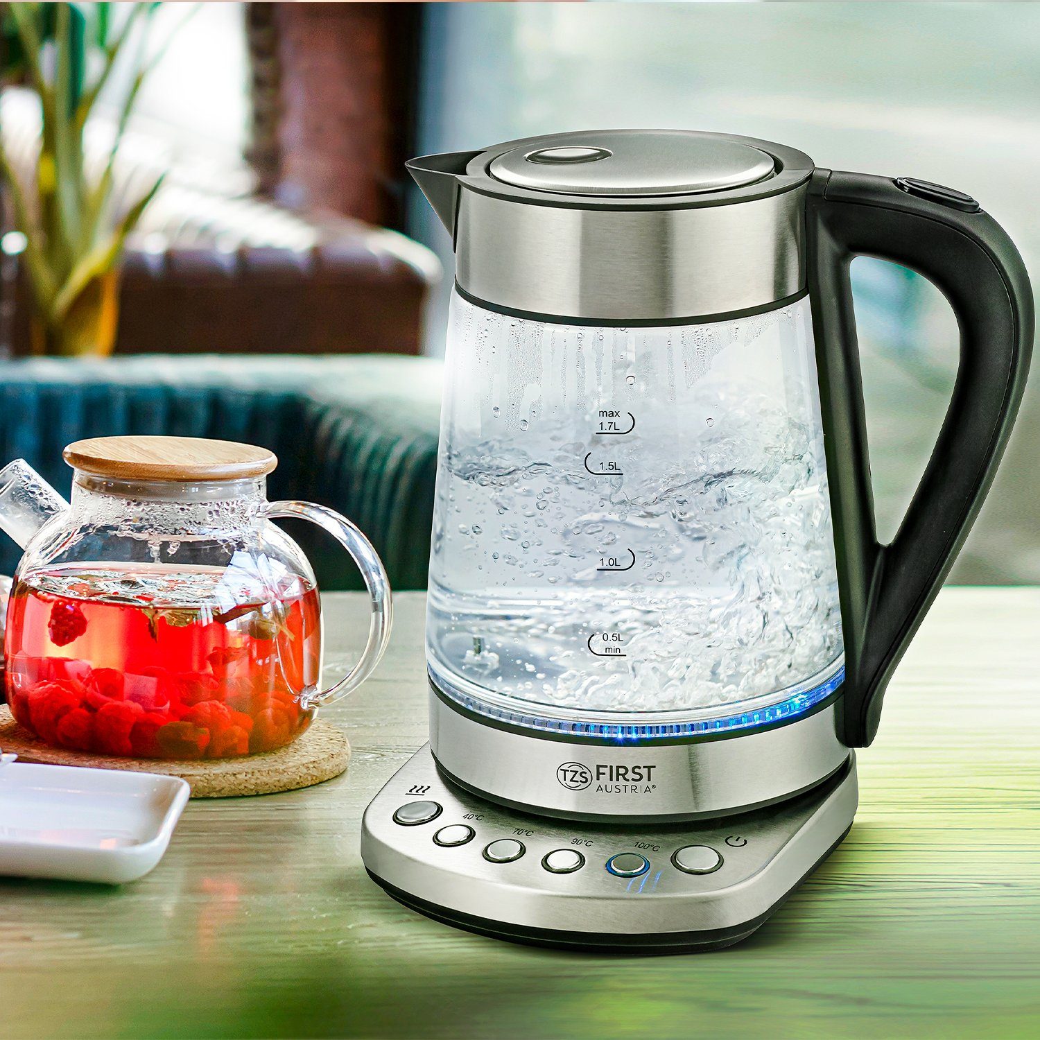 TZS FIRST AUSTRIA Wasserkocher Glaswasserkocher 1,7 L, mit Kalkfilter, 2200 Watt, Innenbeleuchtung, 1.7 l, 2200 W, kabellos, Trockenkochschutz, 360° Grad Anschl – Bild 5 von 5