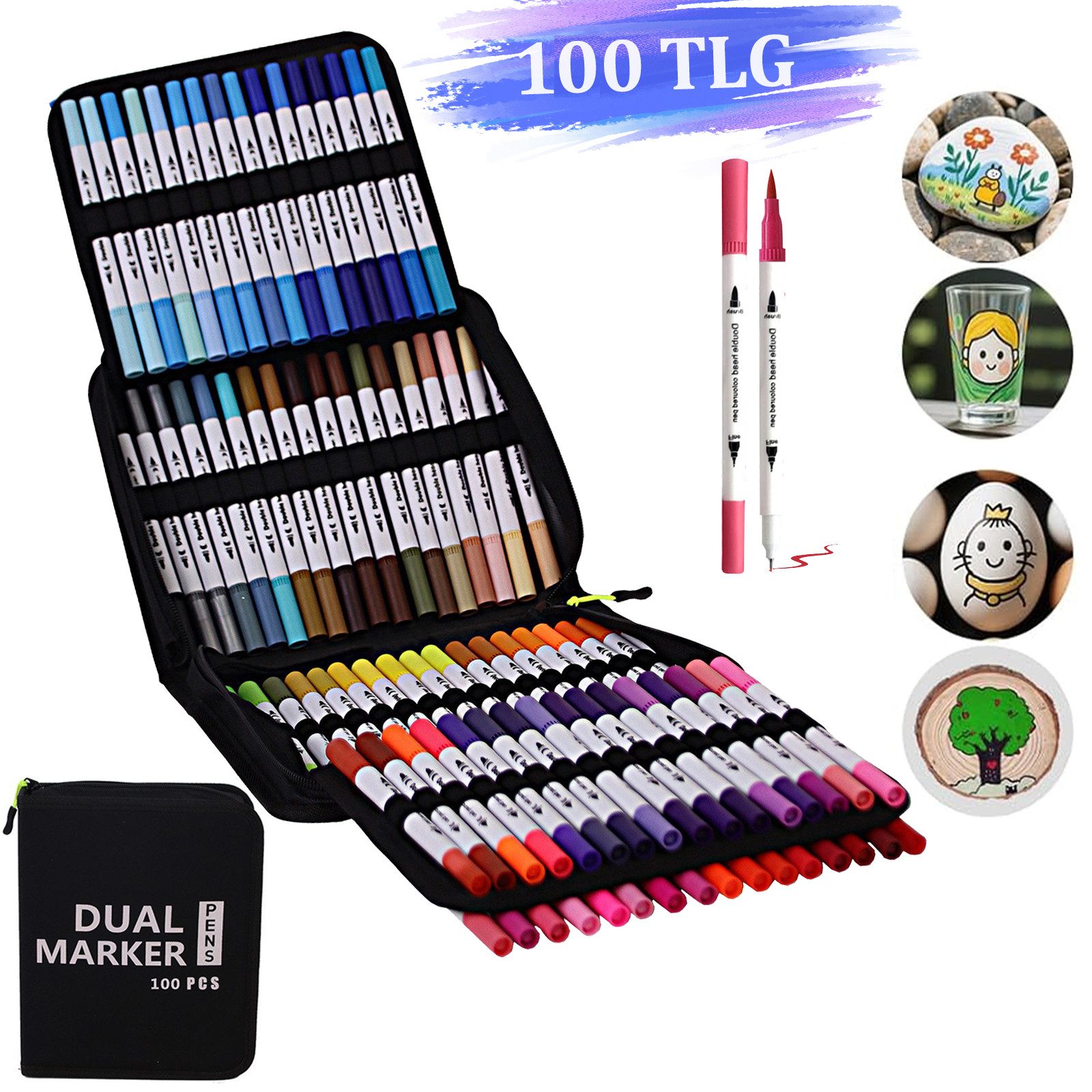 MOPUEA Filzstift 100 Farben Dual Tip Marker Stifte Lackmarker Buntstift, (100-tlg., Doppeltipp-Stifte mit Aufbewahrungstasche), Pinselstifte Permanentmarker Filzstift, Handlettering