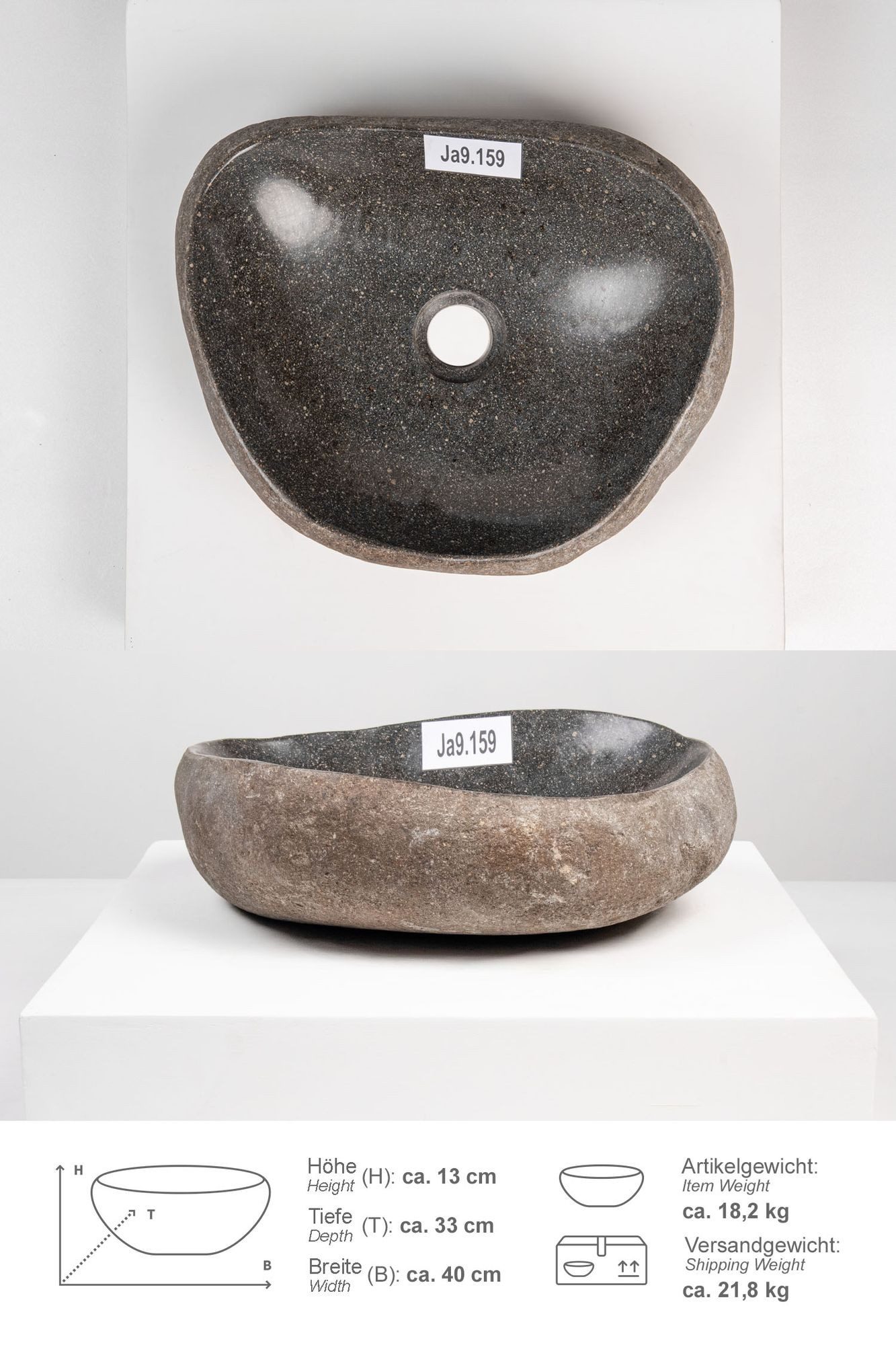 wohnfreuden Aufsatzwaschbecken Naturstein Waschbecken 40 cm mit Naturkante (Kein Set), 101841_Ja9.159