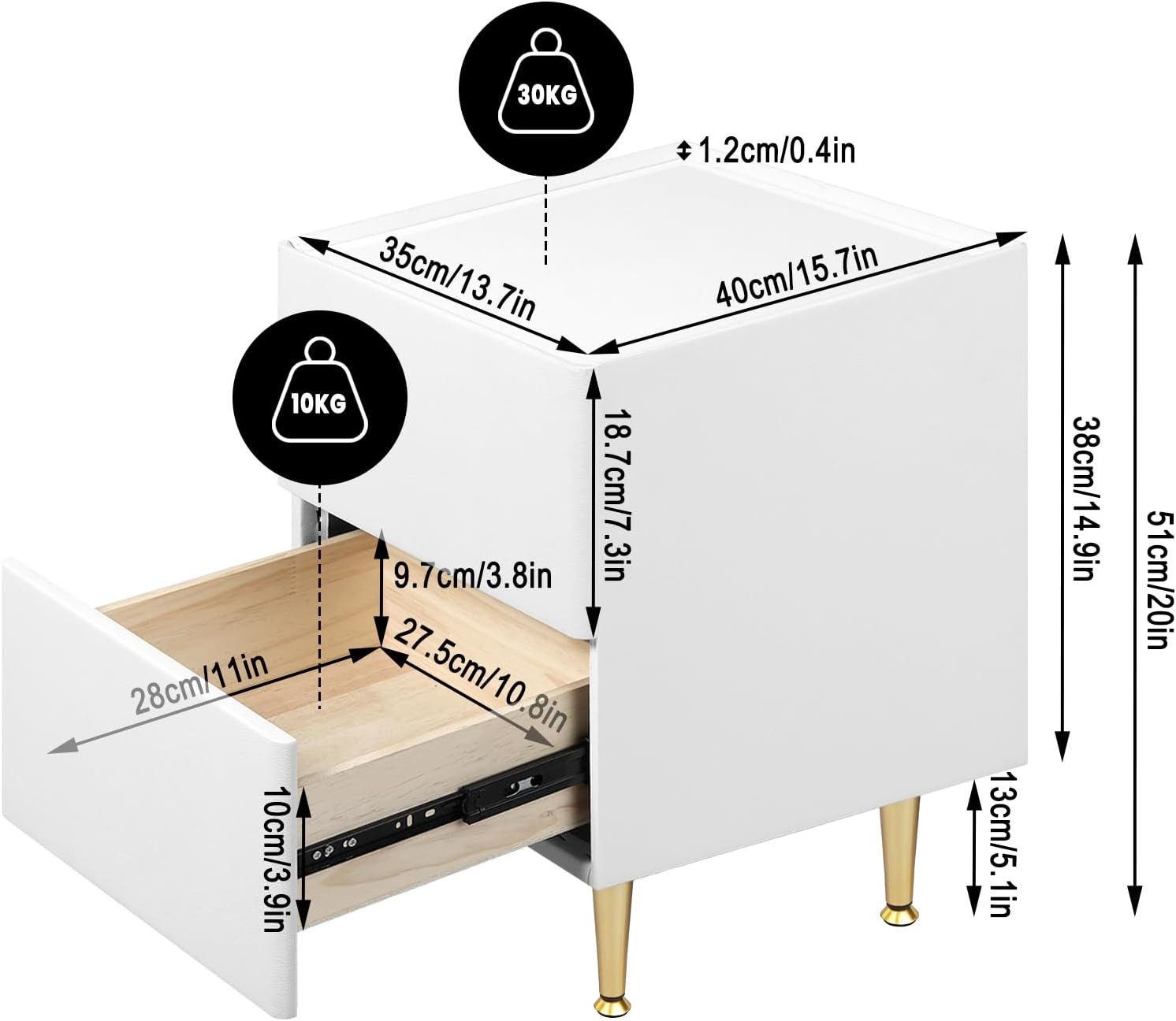 Woltu Nachttisch, mit 2 Schubladen, moderner Nachtkommode, Holz PVC+Metall