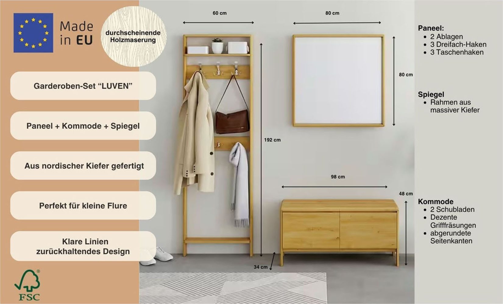 OTTO home Garderoben-Set Luven, (Set, 3-St), aus Massivholz, FSC®, bestehend aus Spiegel, Paneel und Kommode