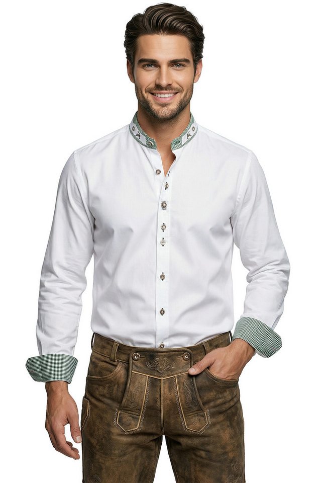 Moschen-Bayern Trachtenhemd Trachtenhemd SLIM FIT Herren Stehkragen Wiesnhemd Hirsch Langarm Weiß