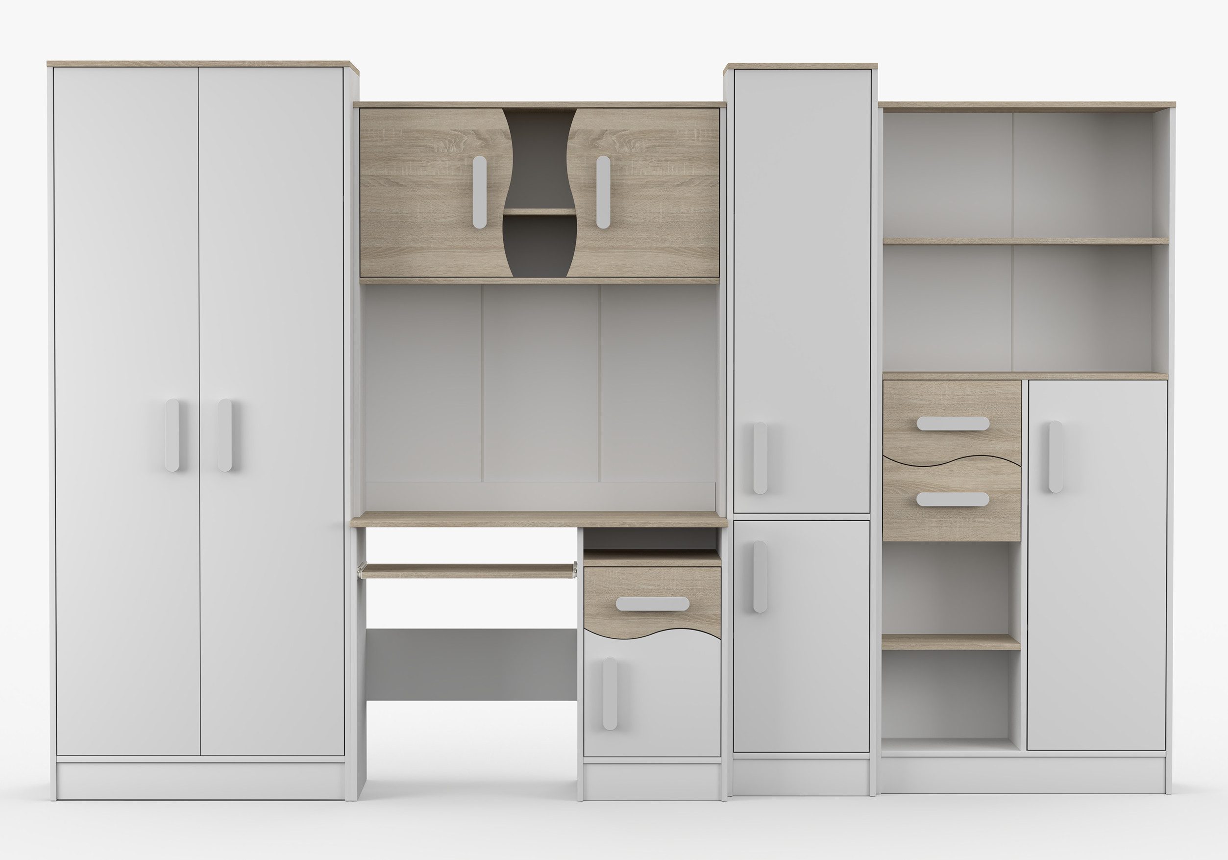 Jugendzimmer-Set Colorino in Weiß und Eiche Sonoma – 8 verschiedene Griffarben wählbar