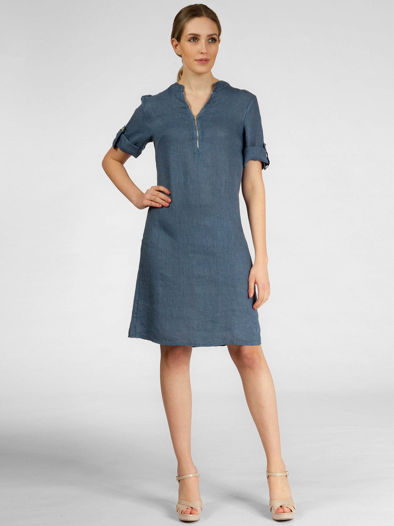 Caspar Sommerkleid SKL037 knielanges Damen Leinenkleid mit Reißverschluss Ausschnitt Luftig leicht, figurumspielende Form, mit seitlichem Jersey-Einsatz