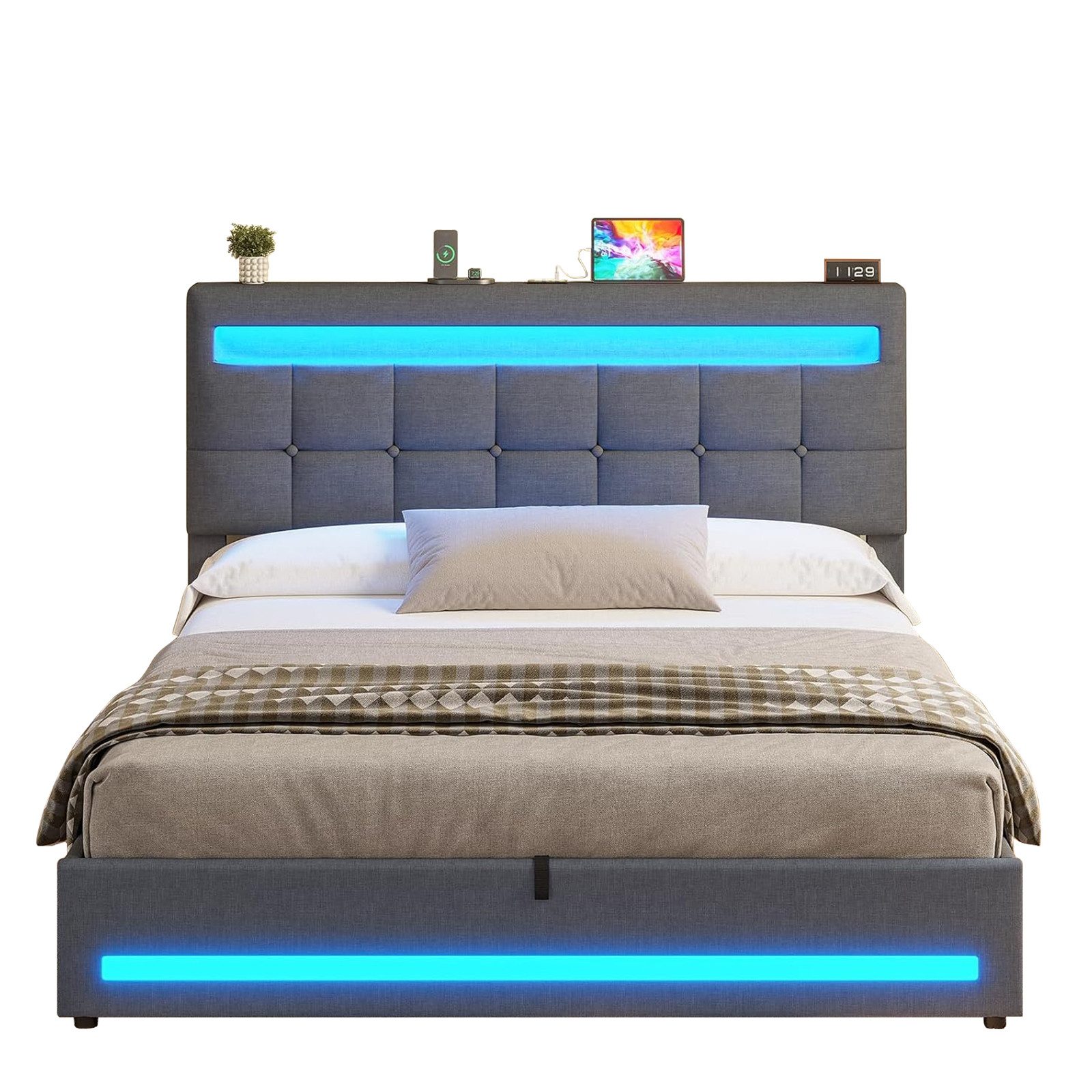 MSMASK Polsterbett Jugendbett mit LED Beleuchtung und Ladestation, Hydraulisches Bett (Ohne Matratze), mit Höhenverstellbares Kopfteil und Stauraum
