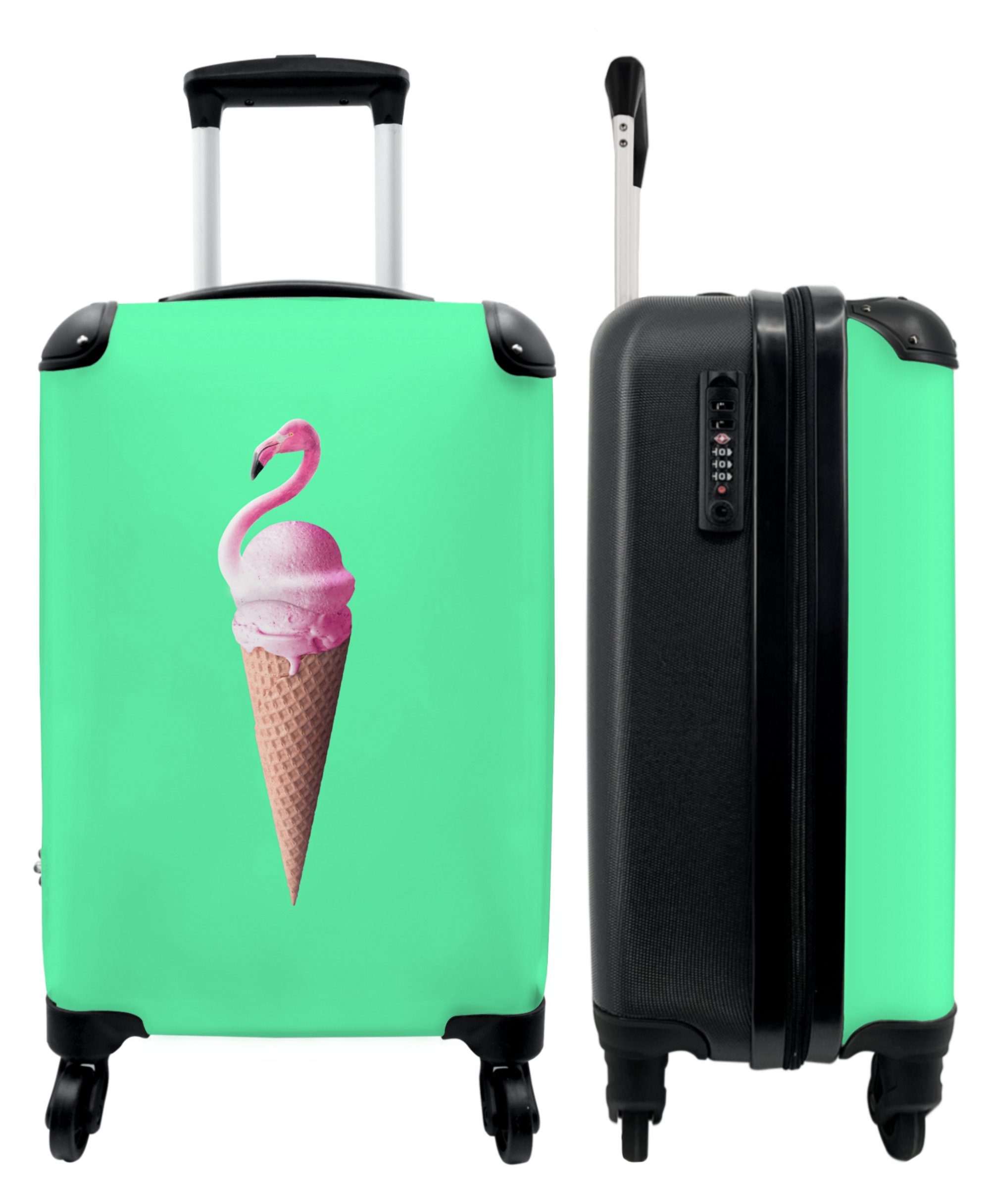 NoBoringSuitcases.com© Handgepäck - Cabin Rollen Kleine Grün, Rollen, - Reisekoffer Rosa Handgepäckkoffer 4 4 Eistüten Eiscreme Flamingo mit 55x35x20cm Trolley - Rollkoffer - -