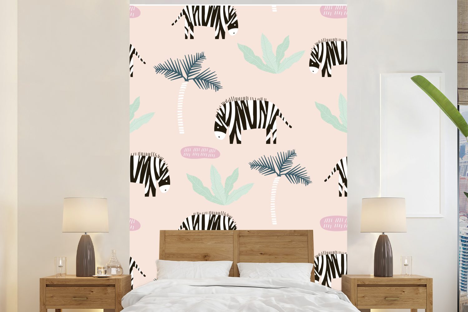 MuchoWow Fototapete Zebra - Pflanzen - Rosa, Matt, bedruckt, (3 St), Montagefertig Vinyl Tapete für Wohnzimmer, Wandtapete