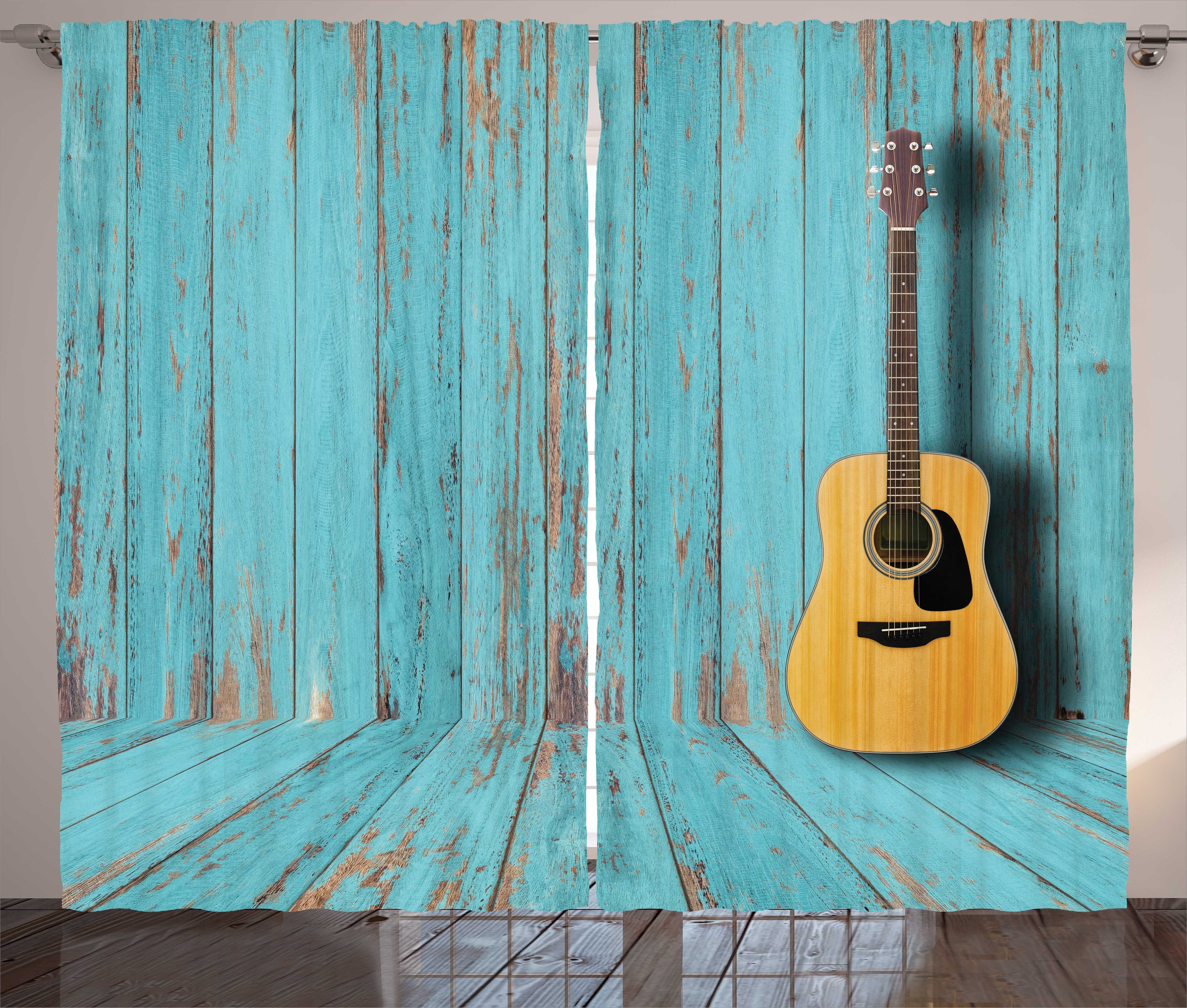 Gardine Schlafzimmer Kräuselband Vorhang mit Schlaufen und Haken, Abakuhaus, rustikales Holz Gitarre und Weinlese-Wand