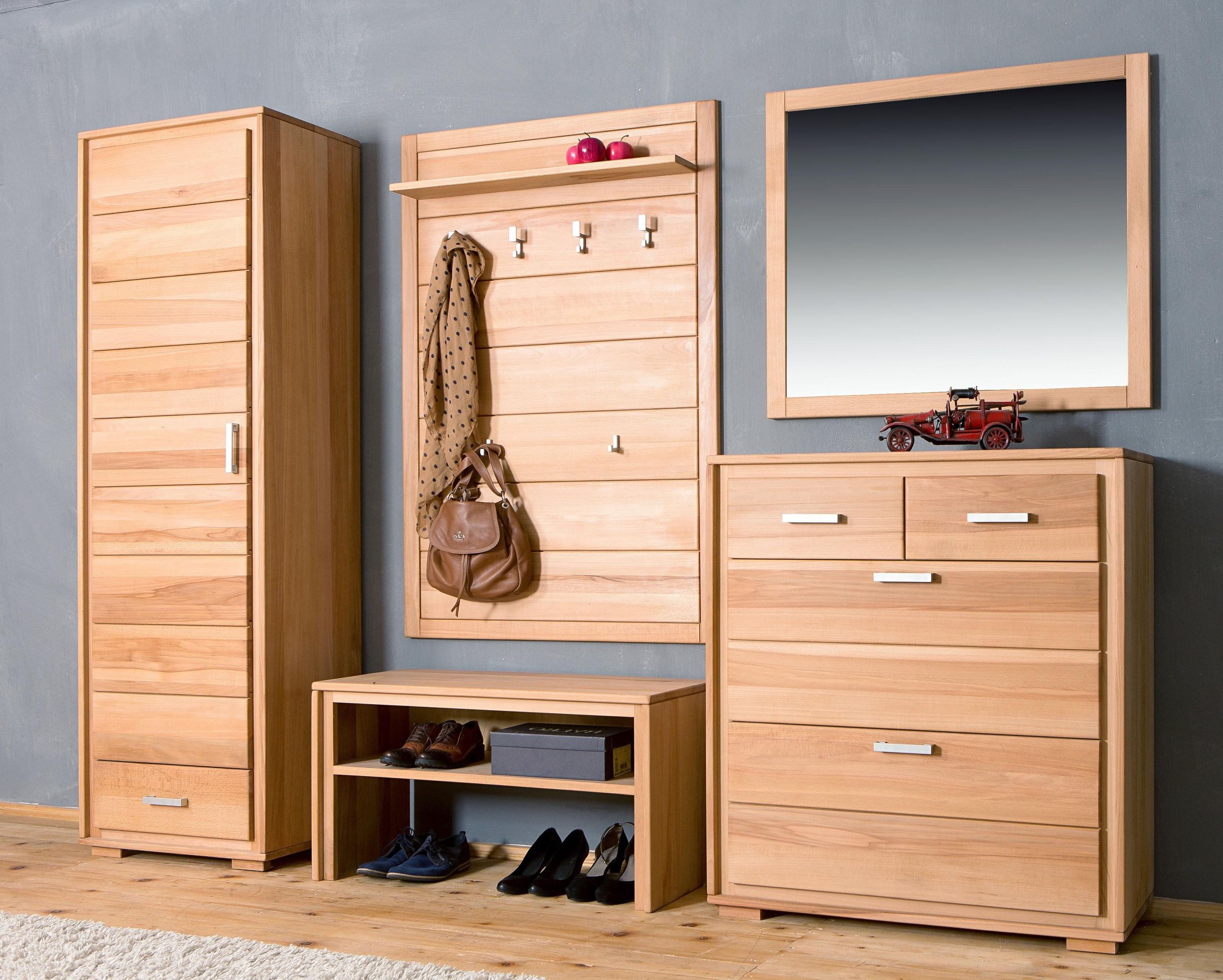 Trendmöbel24 Garderoben-Set Garderoben Set Genf I Kernbuche Massivholz geölt/gewachst 5-teilig, (Komplett-Set, 5-St., Schuhschrank, Dielenschrank, Garderobenbank, Garderobenpaneel, Spiegel)