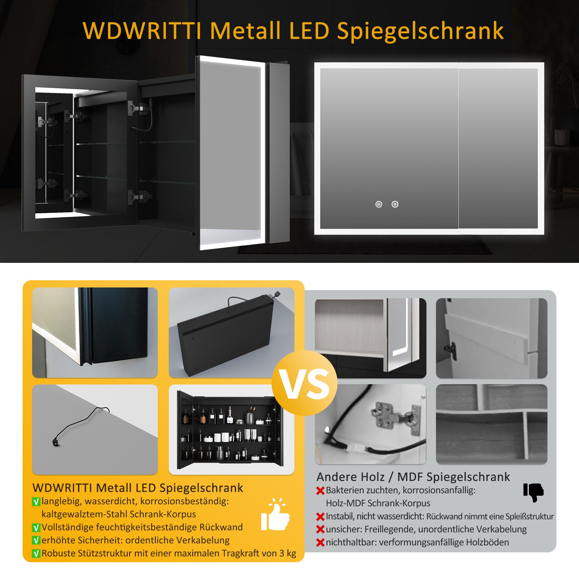 WDWRITTI Spiegelschrank Aluminum Badezimmerspiegelschrank 80cm breit mit LED Beleuchtung (Badschrank Schwarz matt 2-türig, 80x13,5x60cm) Doppelseitiger HD-Spiegel, Kaltweiß, Neutral, Warmweiß