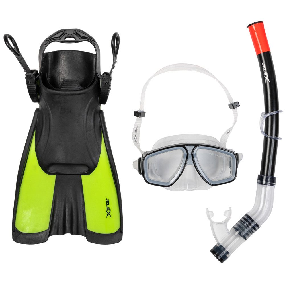 JELEX Schnorchel Deepsea Schnorchel Set mit Flossen, beschlagfrei, stoßfeste Brillengläser