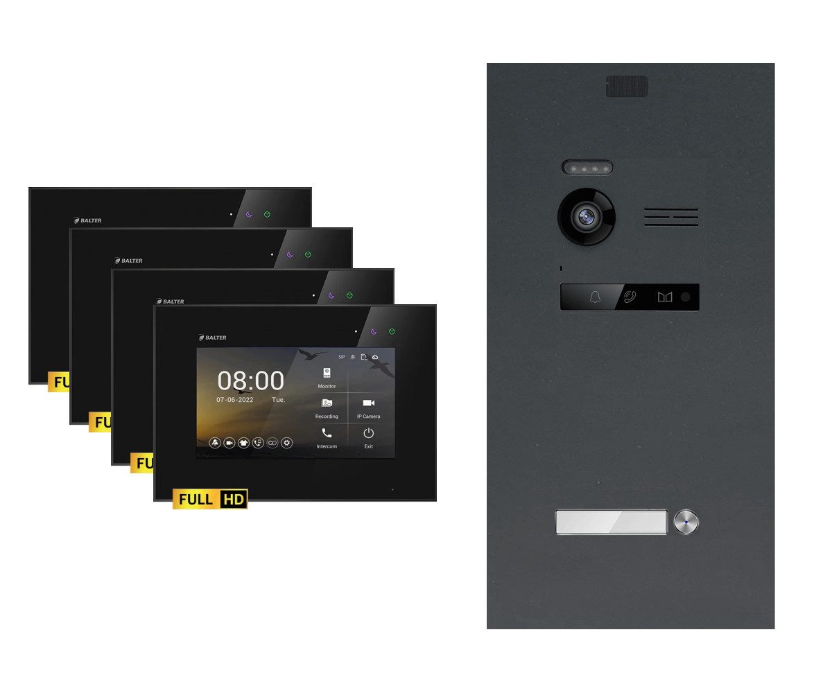 Balter Video-Türsprechanlage EVO-HD Komplettsystem 1-Familie Anthrazit 4x 7" Monitor Schwarz (Set, 1-Familienhaus, Komplettset, FullHD Kamera, Touchscreen)