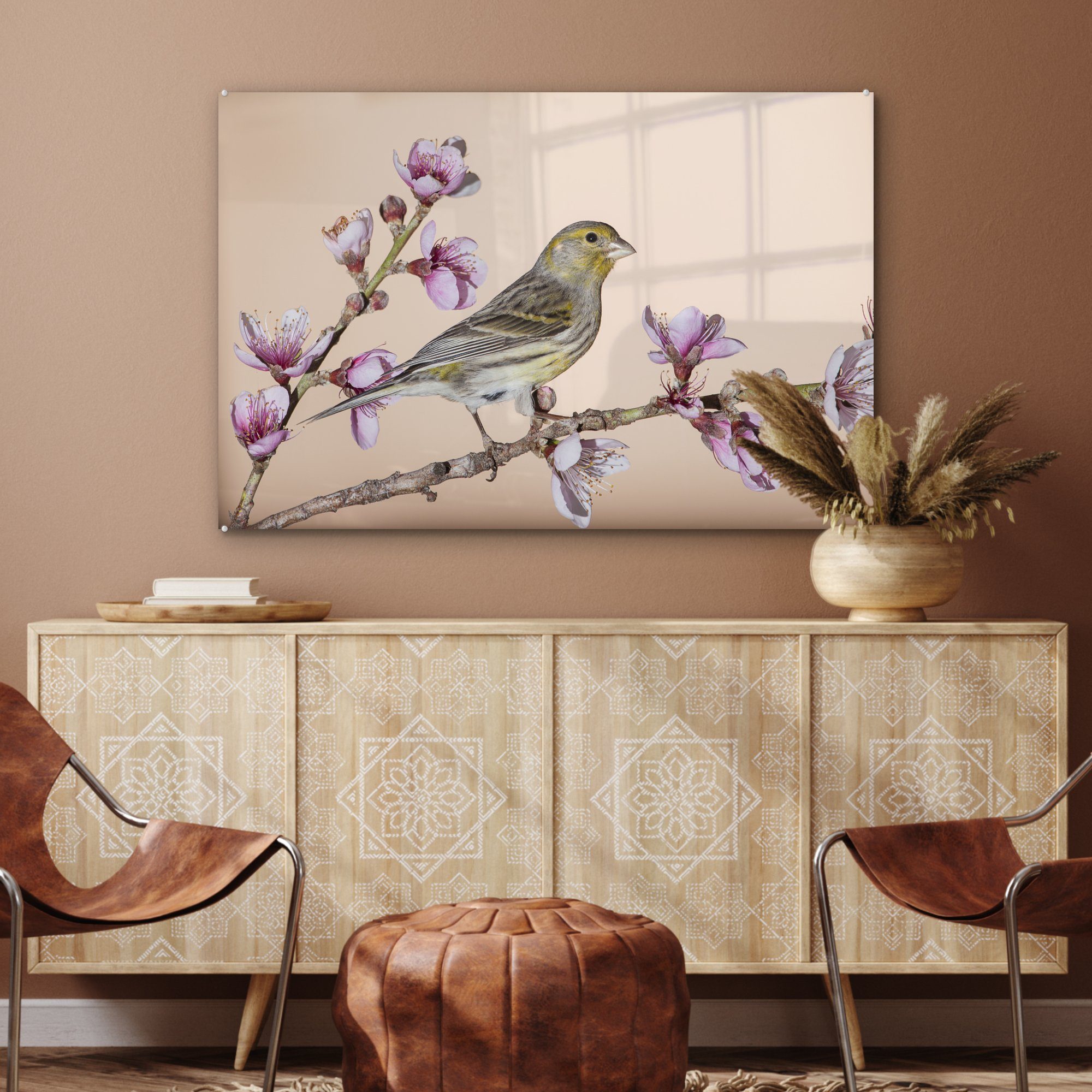 MuchoWow Acrylglasbild Ein Schlafzimmer Acrylglasbilder Wohnzimmer & Kanarienvogel St), zwischen Blumen, lila (1