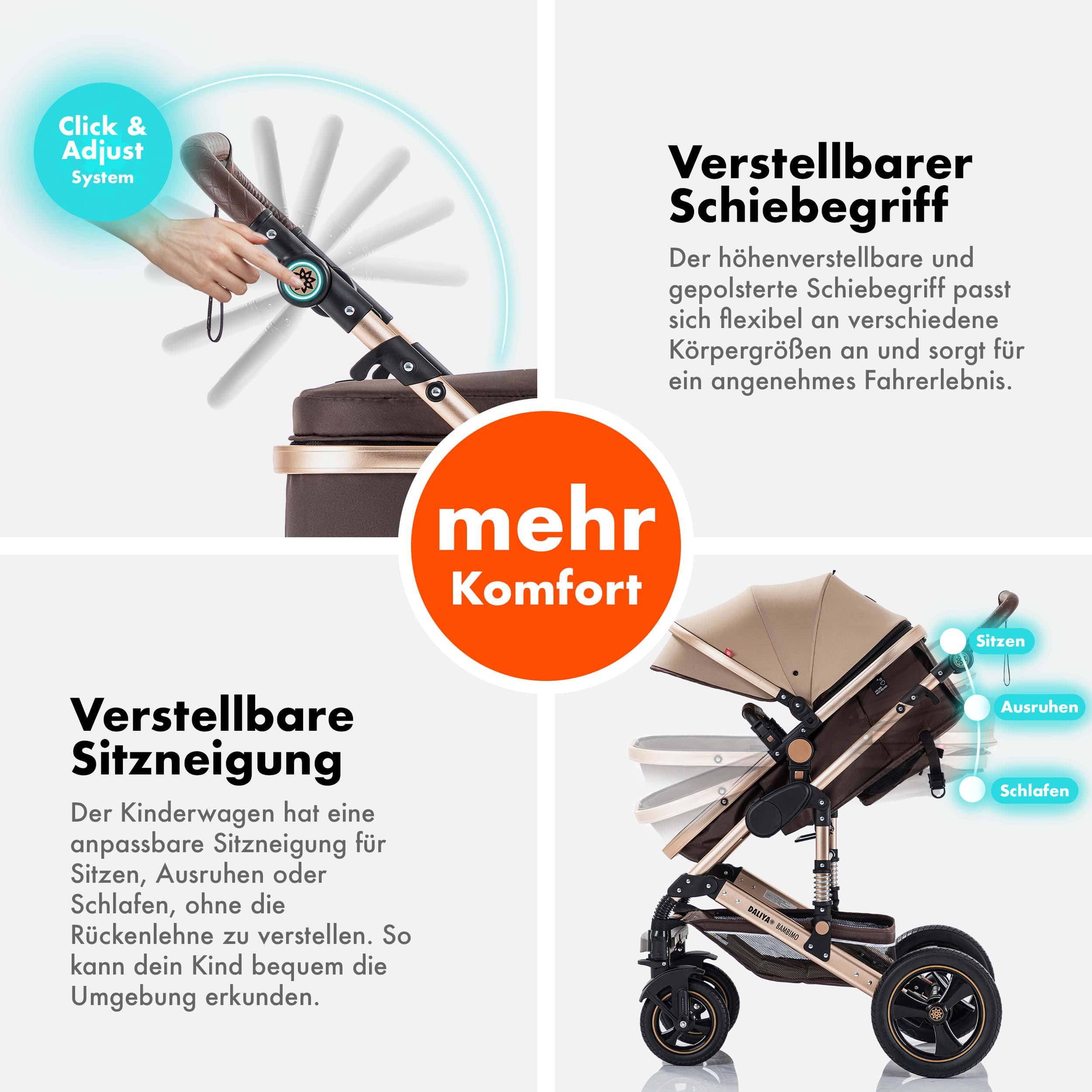 Daliya® Kombi-Kinderwagen BAMBIMO 2in1 Kinderwagen & Buggy, Babywanne und Sportsitz, Alu-Rahmen, (Grundausstattung für Babys, 9-tlg), Großer Einkaufskorb, Feder – Bild 5 von 5