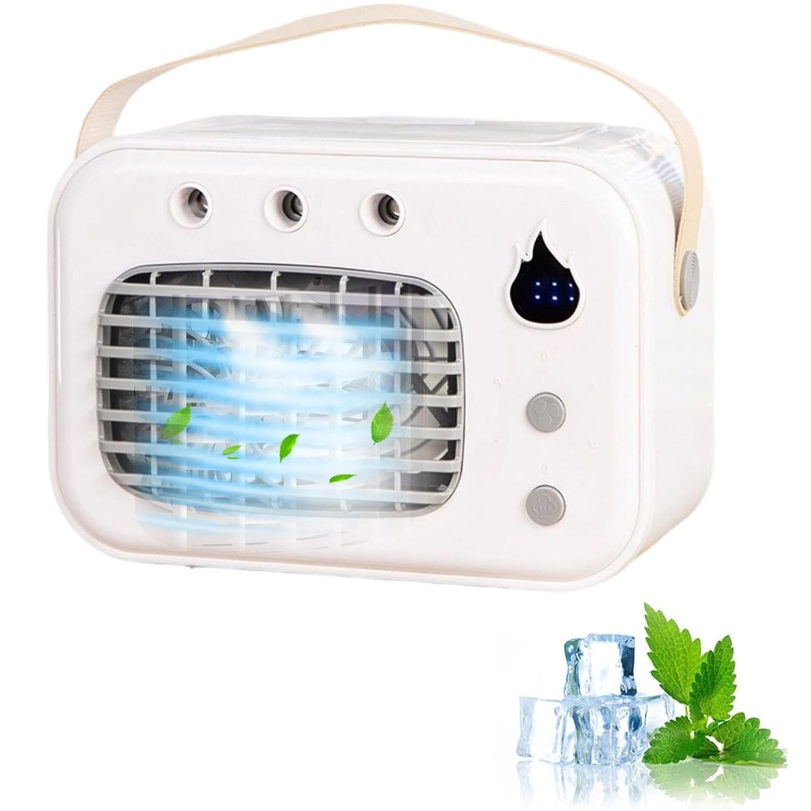 MOPUEA Tischventilator Sprüh Tischventilator mit 3 Stufen, LED Licht & USB Kühlu