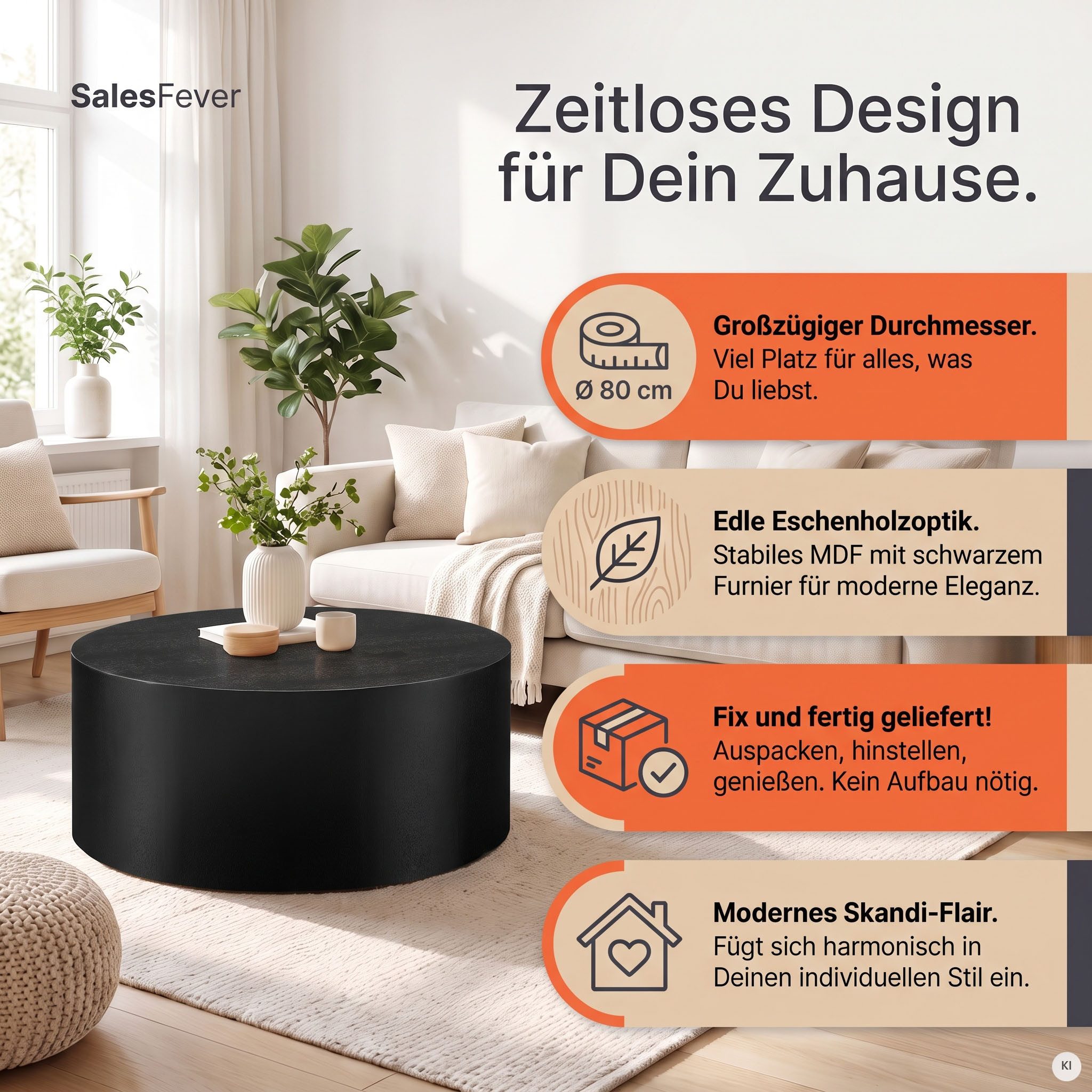 SalesFever Couchtisch Design-Couchtisch für stilvolles Wohnen, Ø 80 cm (1-St), Stilvoller & moderner Holztisch mit Echtholzfurnier – Bild 3 von 5