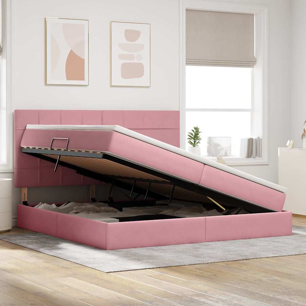 vidaXL Bed with Storage and LED Lighting with Mattress, Pink, 200 x 200 cm, Velvet (1-piece)