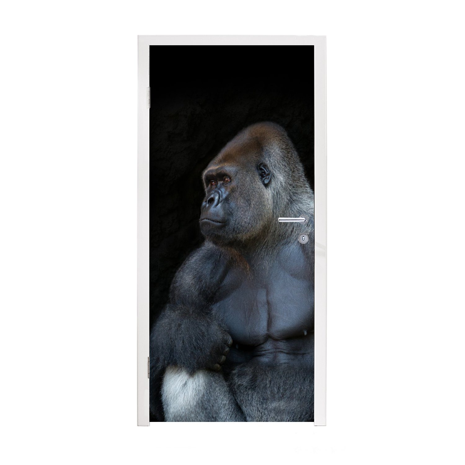 MuchoWow Türtapete Ein muskulöser Gorilla auf schwarzem Hintergrund, Matt, bedruckt, (1 St), Fototapete für Tür, Türaufkleber, 75x205 cm