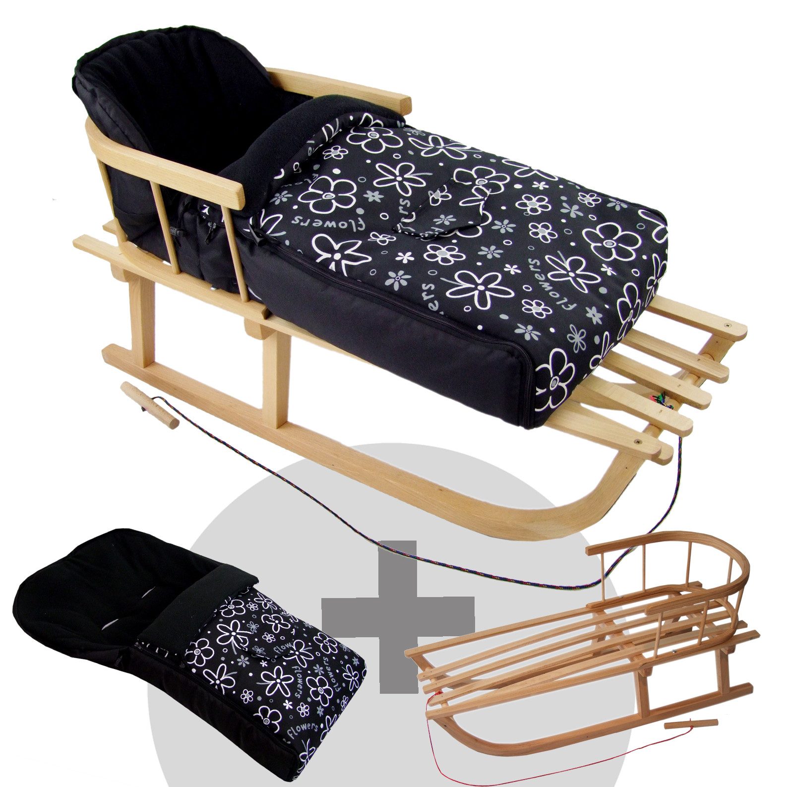 BambiniWelt by Rafael K. Davoser Schlitten HOLZSCHLITTEN mit Rückenlehne Zugleine + WINTERFUßSACK Fleece 108cm